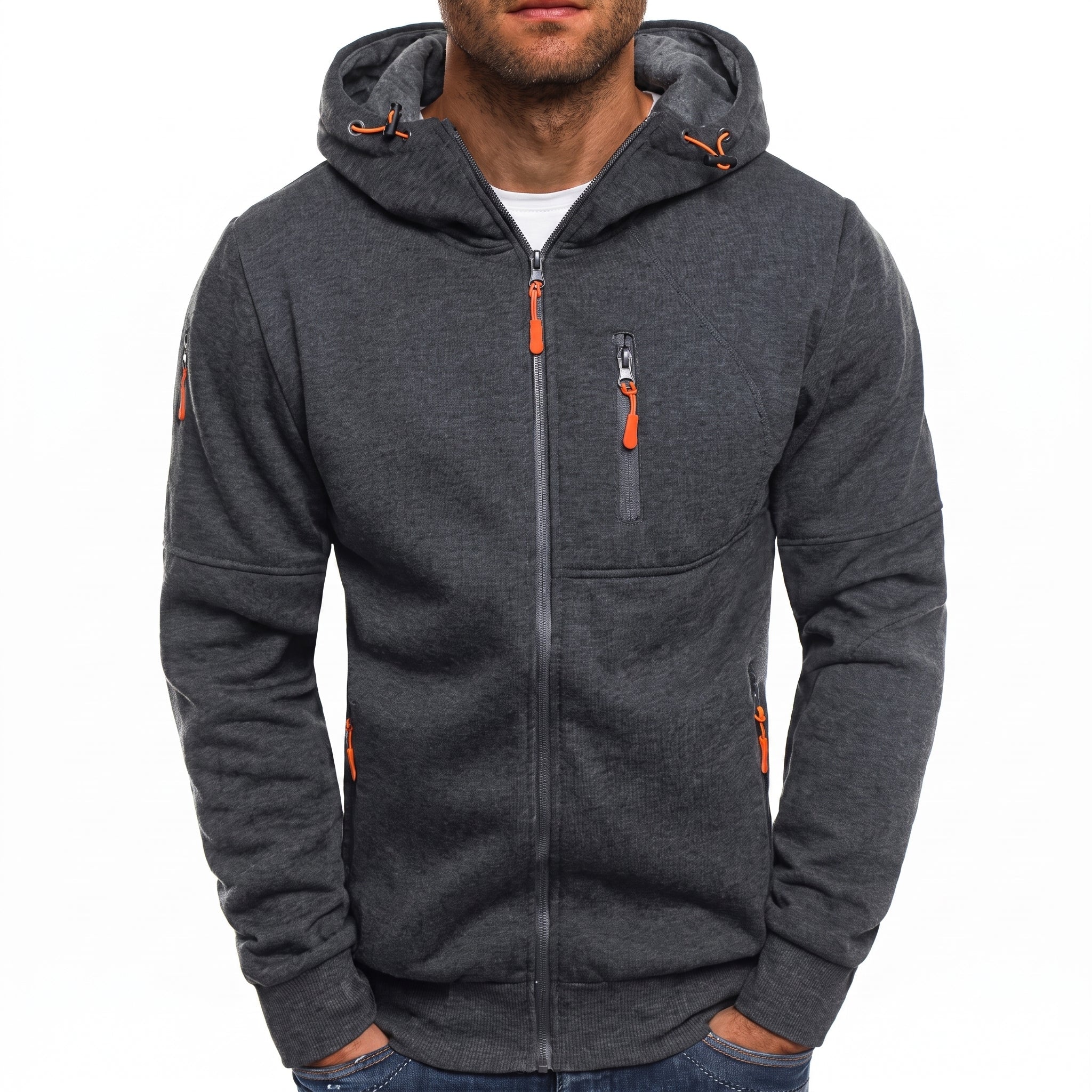 Friedrich - Men's Ribbed Cuff Multi-Pocket Contrast Zip Hoodie - Hoodies - Dark Gray - Parker&Brooks