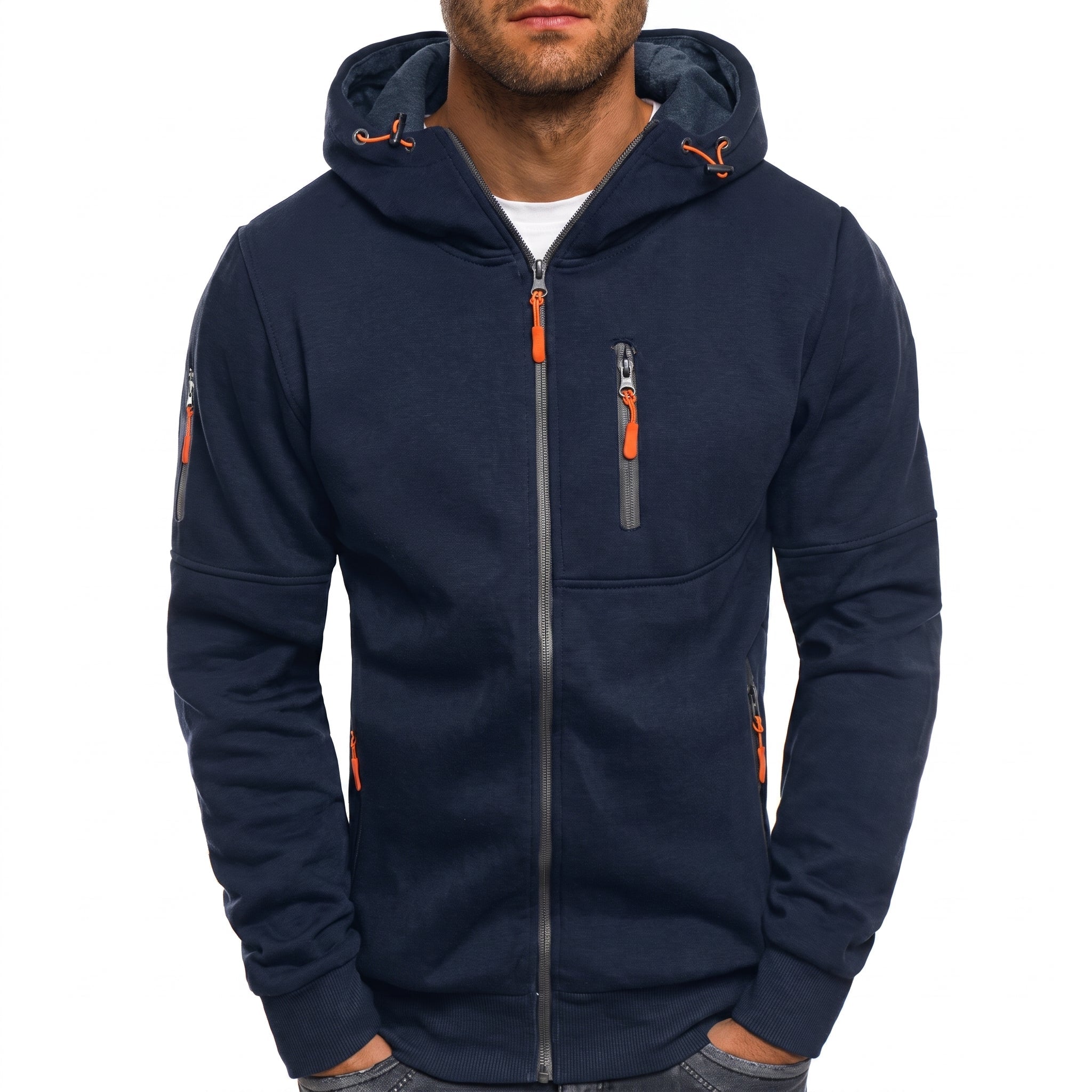 Friedrich - Men's Ribbed Cuff Multi-Pocket Contrast Zip Hoodie - Hoodies - Navy Blue - Parker&Brooks