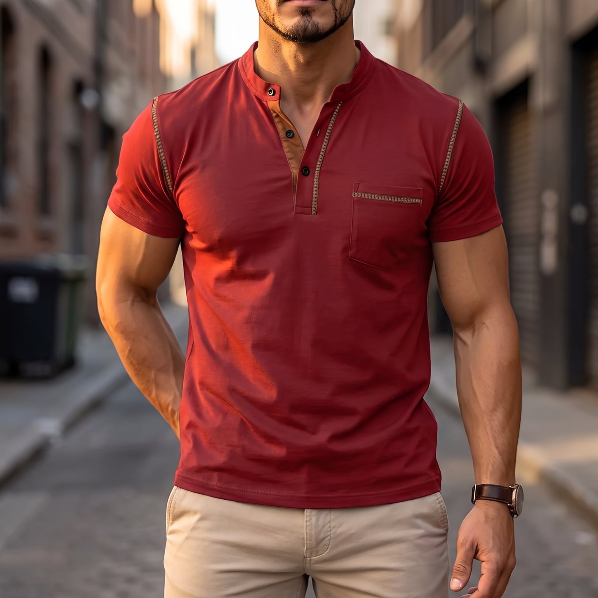 Friedrich - Men's Summer Grandad Collar Half Button T-Shirt - T-Shirt - Red - Parker&Brooks