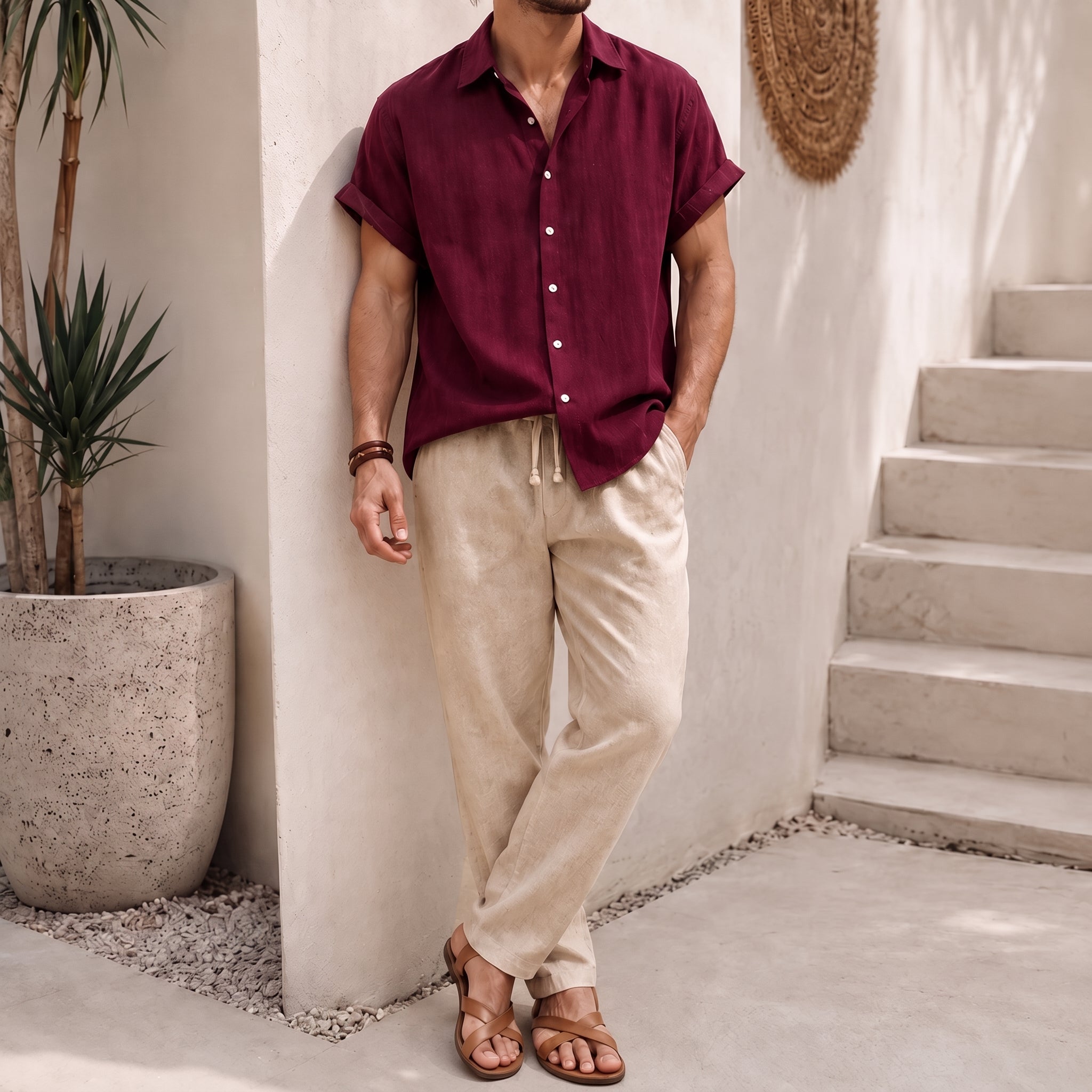 George - Men's Summer Point Collar Elasticated Waist Co-ord Set - Outfit Sets - Dark Red - Parker&Brooks