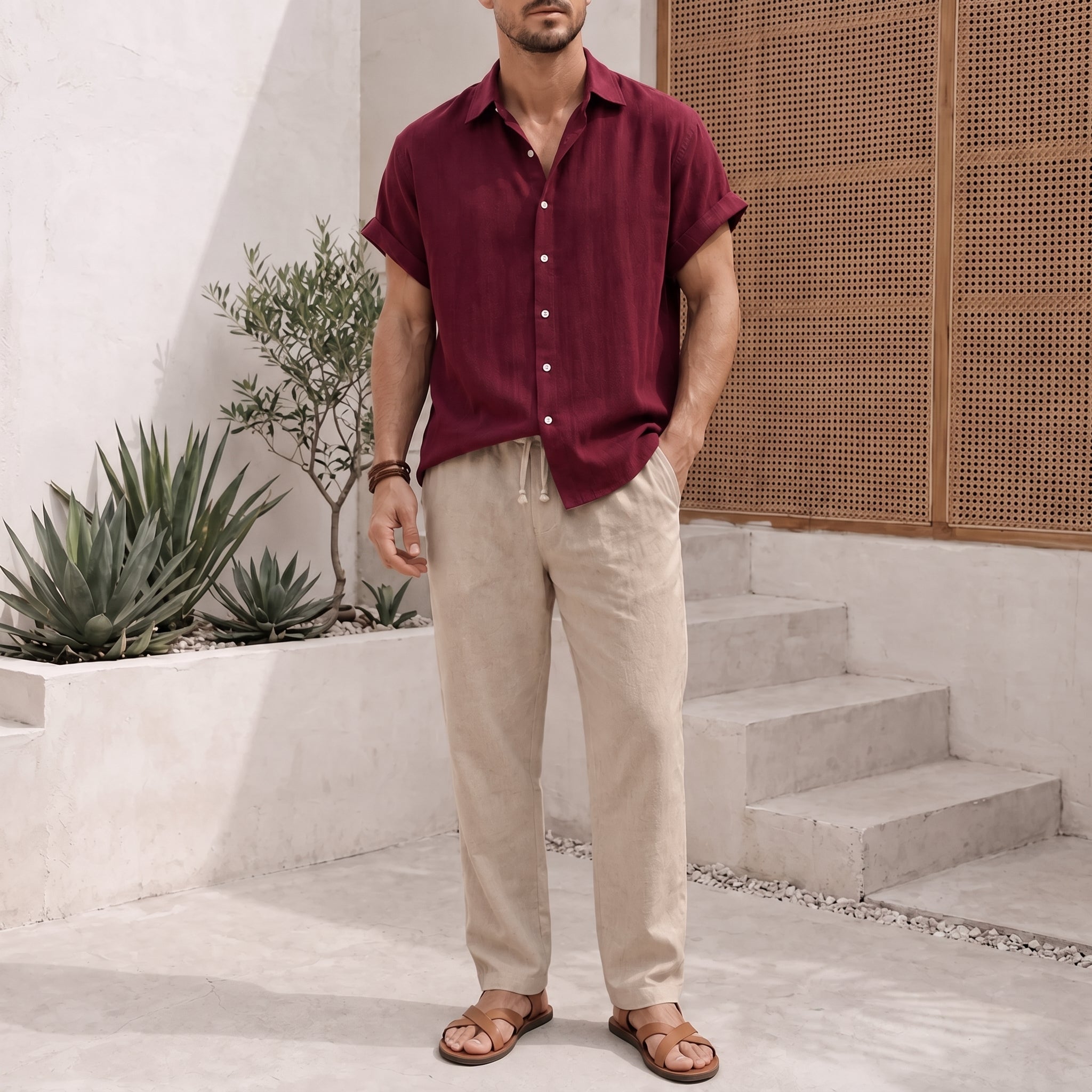 George - Men's Summer Point Collar Elasticated Waist Co-ord Set - Outfit Sets - Dark Red - Parker&Brooks