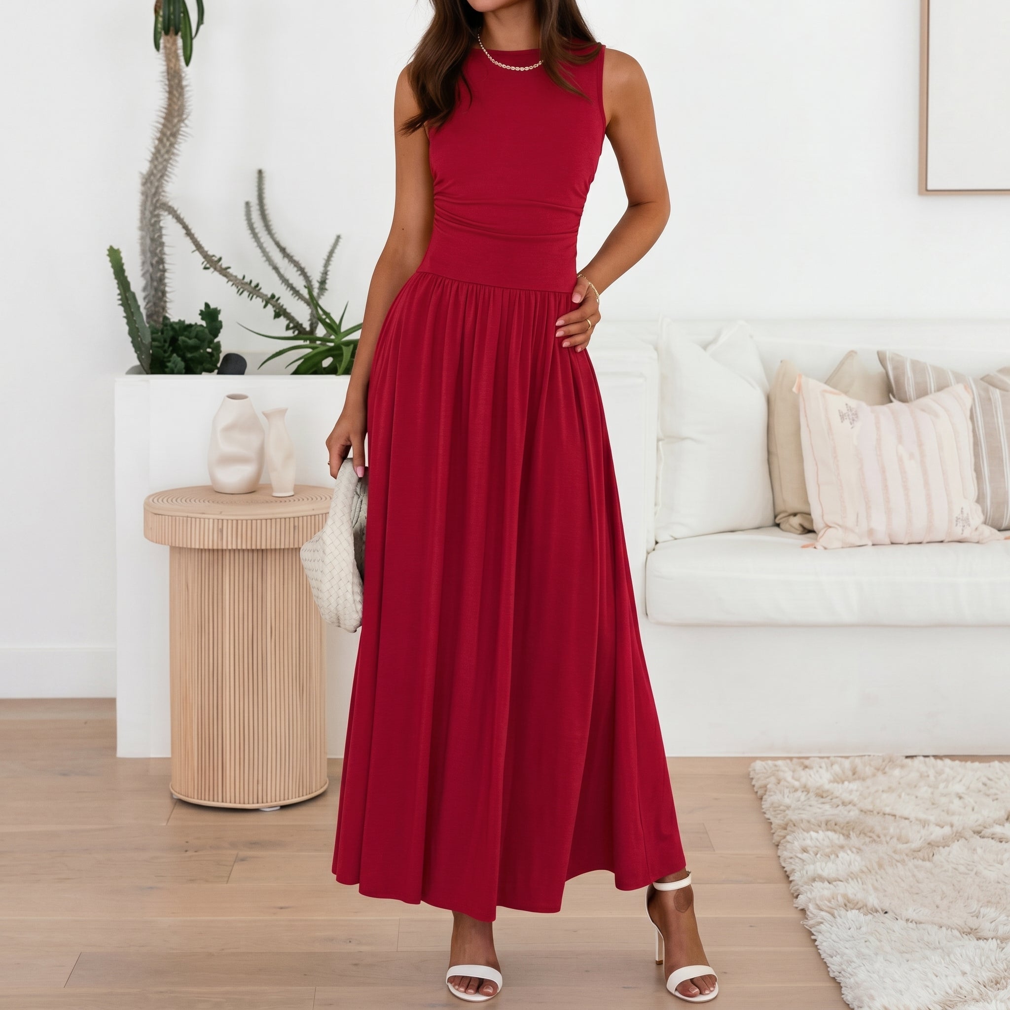 Georgia - Women's Semi-Formal Pleated Maxi Dress - Maxi Dress - Red - Parker&Brooks