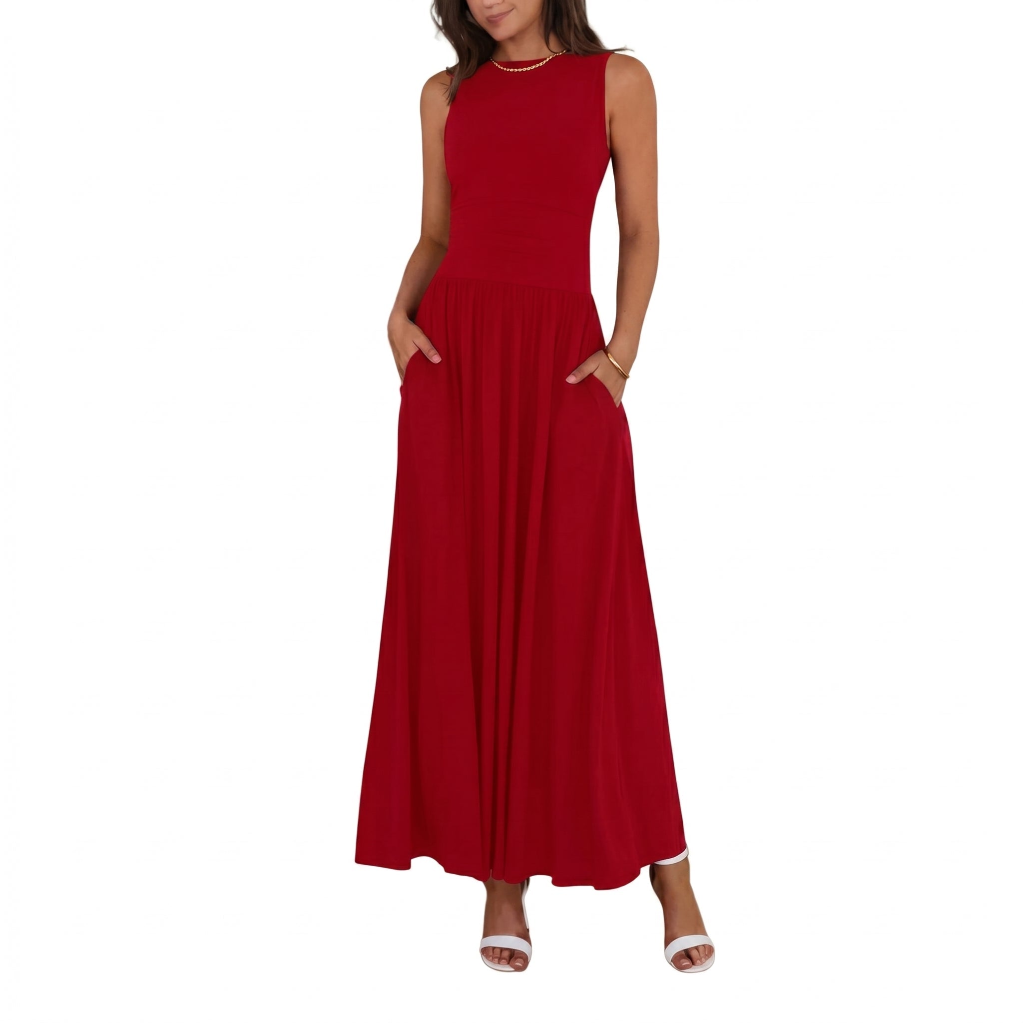 Georgia - Women's Semi-Formal Pleated Maxi Dress - Maxi Dress - Red - Parker&Brooks