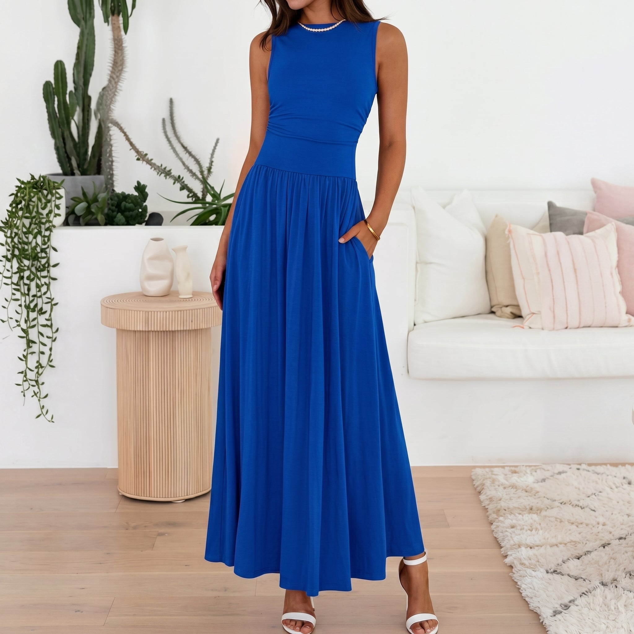 Georgia - Women's Semi-Formal Pleated Maxi Dress - Maxi Dress - Blue - Parker&Brooks