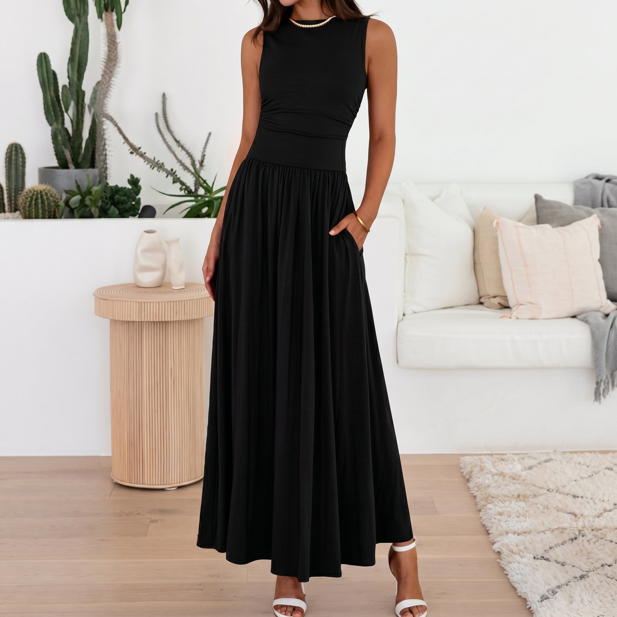 Georgia - Women's Semi-Formal Pleated Maxi Dress - Maxi Dress - Black - Parker&Brooks