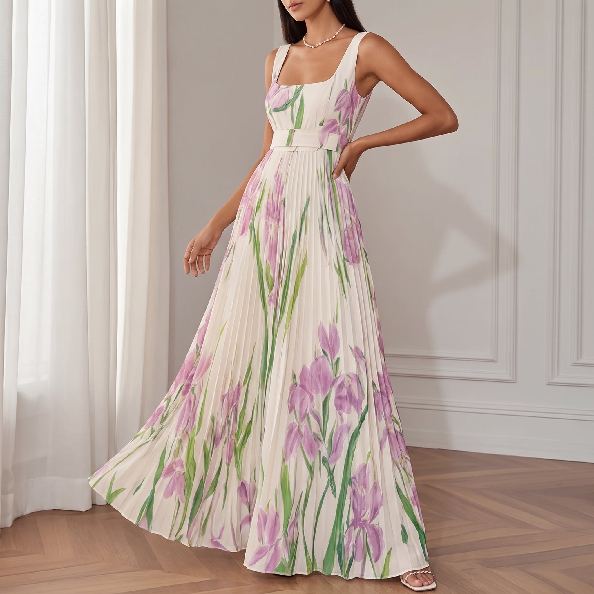 Georgia - Women's Summer Floral Print Pleated Maxi Dress - Dresses - White - Parker&Brooks