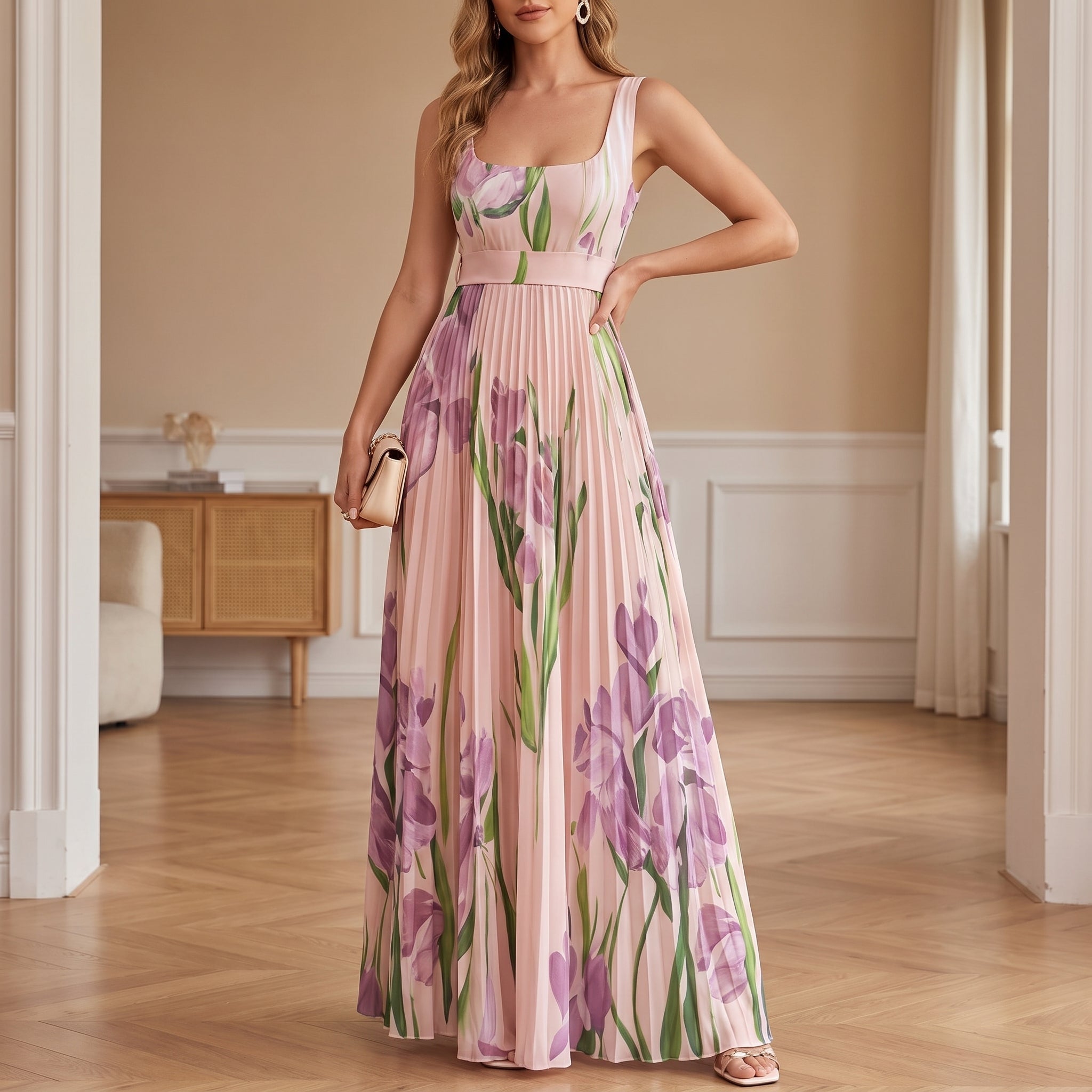 Georgia - Women's Summer Floral Print Pleated Maxi Dress - Dresses - Pink - Parker&Brooks