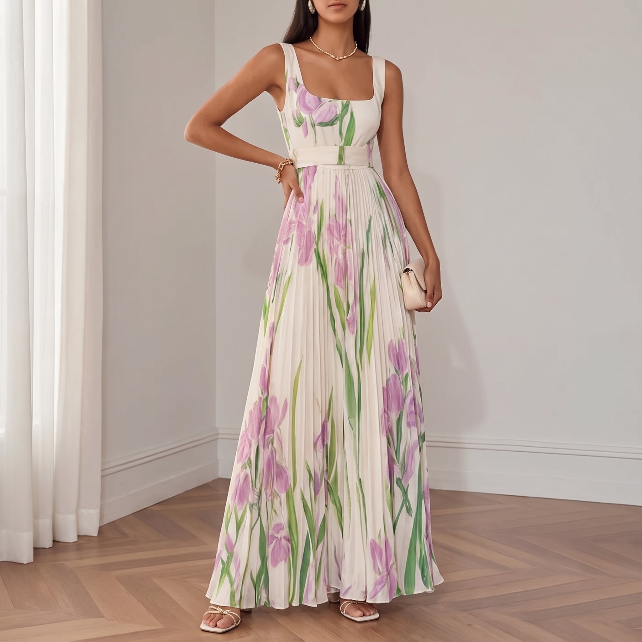 Georgia - Women's Summer Floral Print Pleated Maxi Dress - Dresses - White - Parker&Brooks