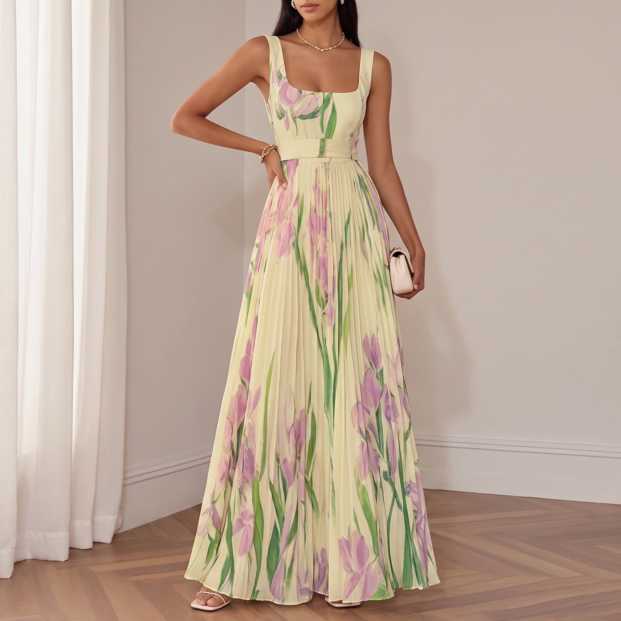 Georgia - Women's Summer Floral Print Pleated Maxi Dress - Dresses - Yellow - Parker&Brooks