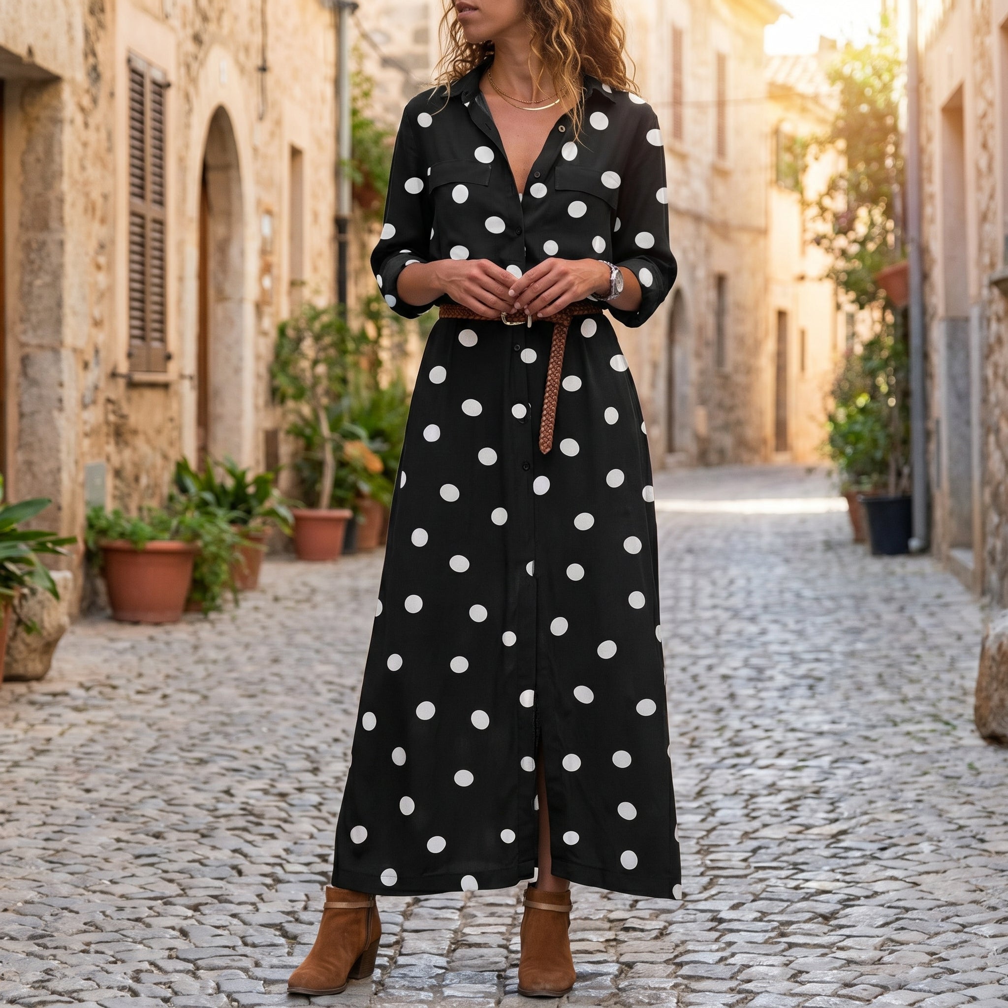 Georgia - Women's Summer Polka Dot Collared Shirt Maxi Dress - Dresses - Black - Parker&Brooks