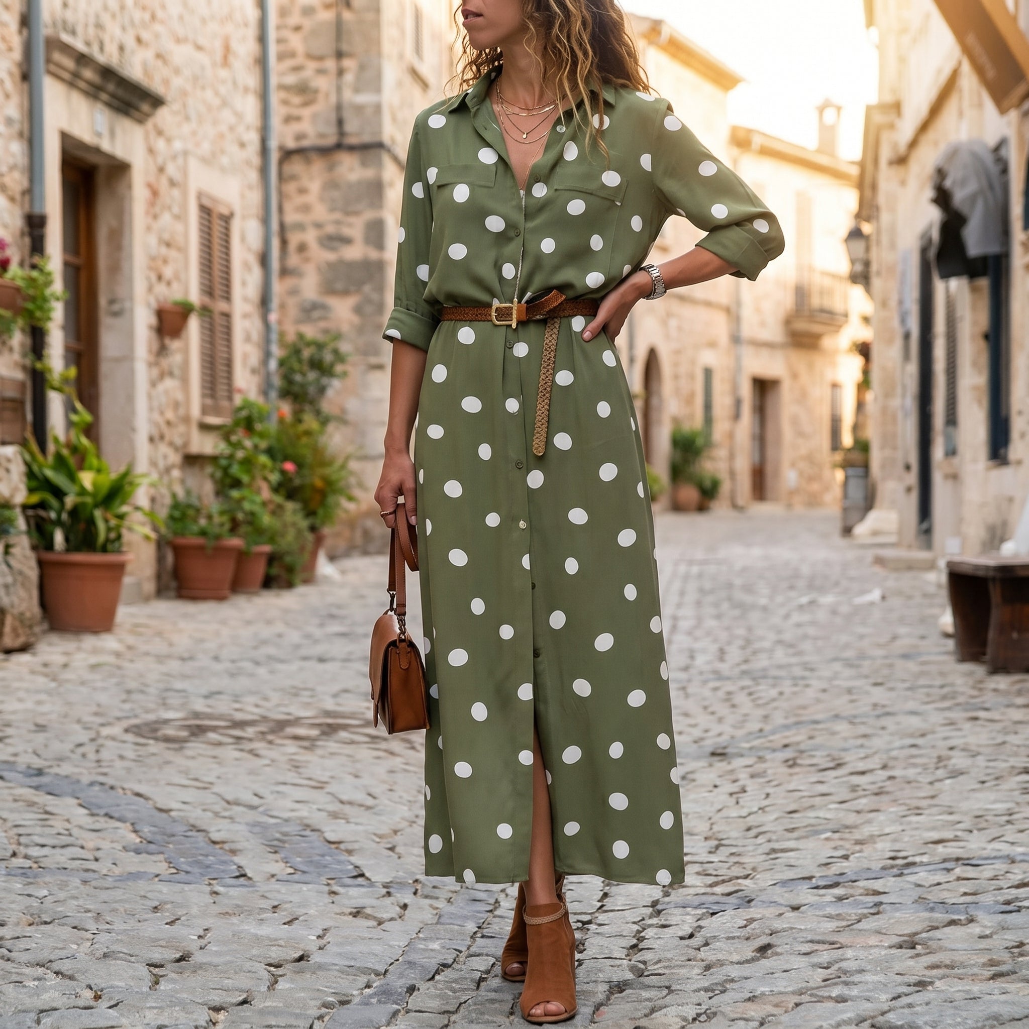 Georgia - Women's Summer Polka Dot Collared Shirt Maxi Dress - Dresses - Green - Parker&Brooks