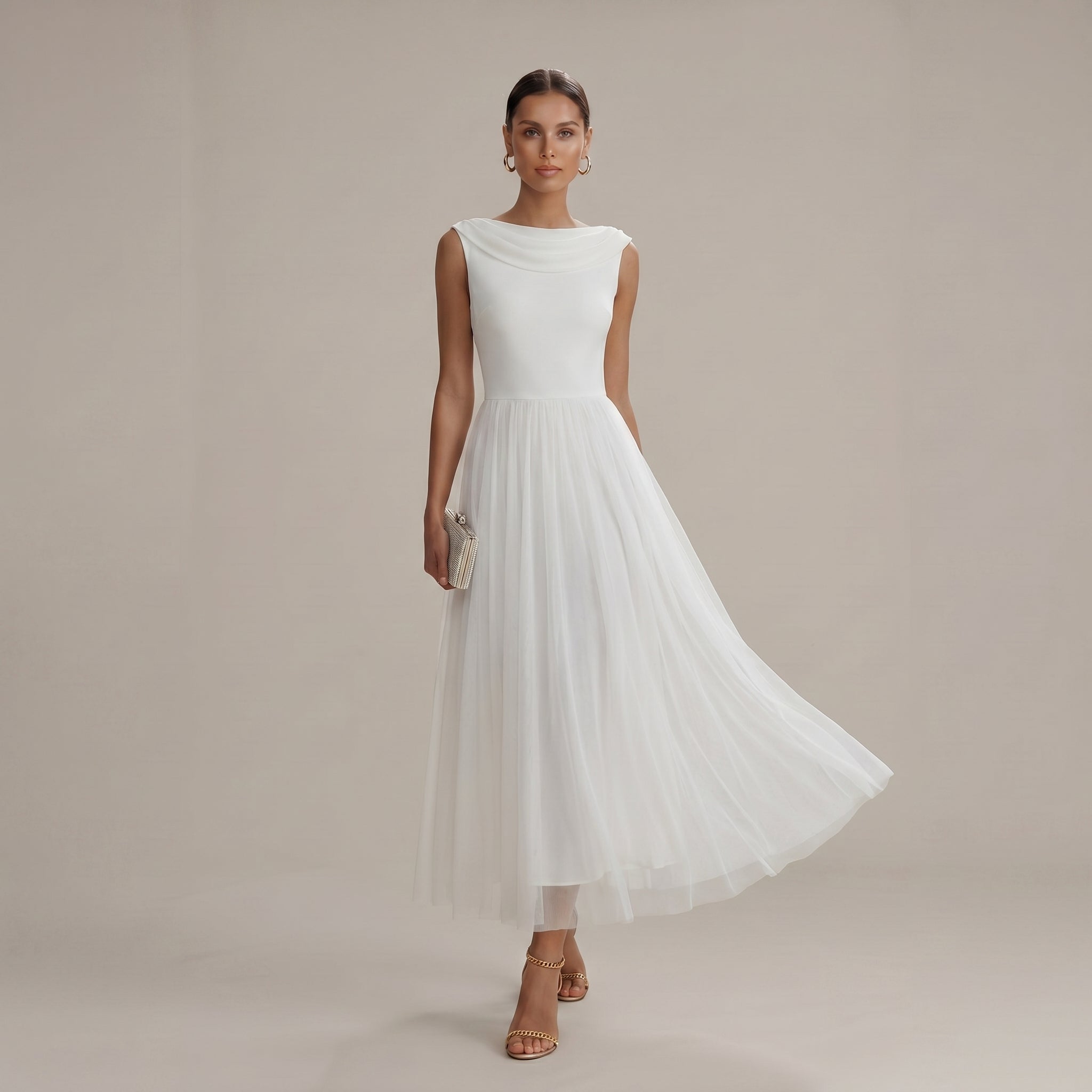 Georgia - Women's Wedding Guest Pleated Midi Dress - Midi Dress - White - Parker&Brooks