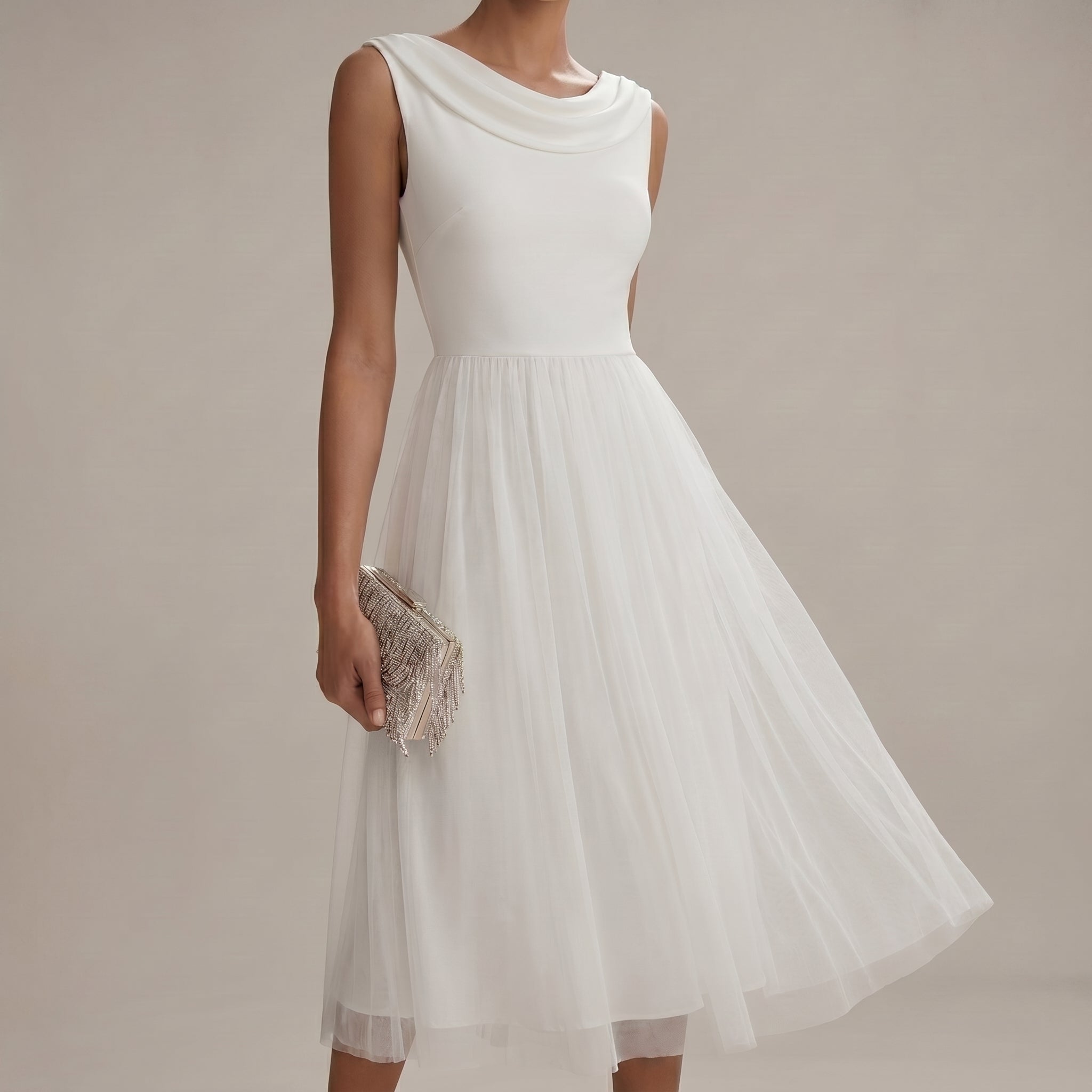 Georgia - Women's Wedding Guest Pleated Midi Dress - Midi Dress - White - Parker&Brooks