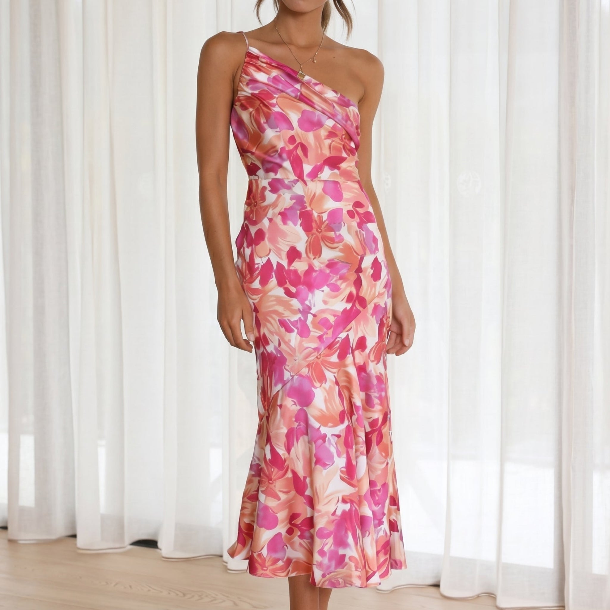 Grace - Women's Floral One-Shoulder Wedding Guest Midi Dress