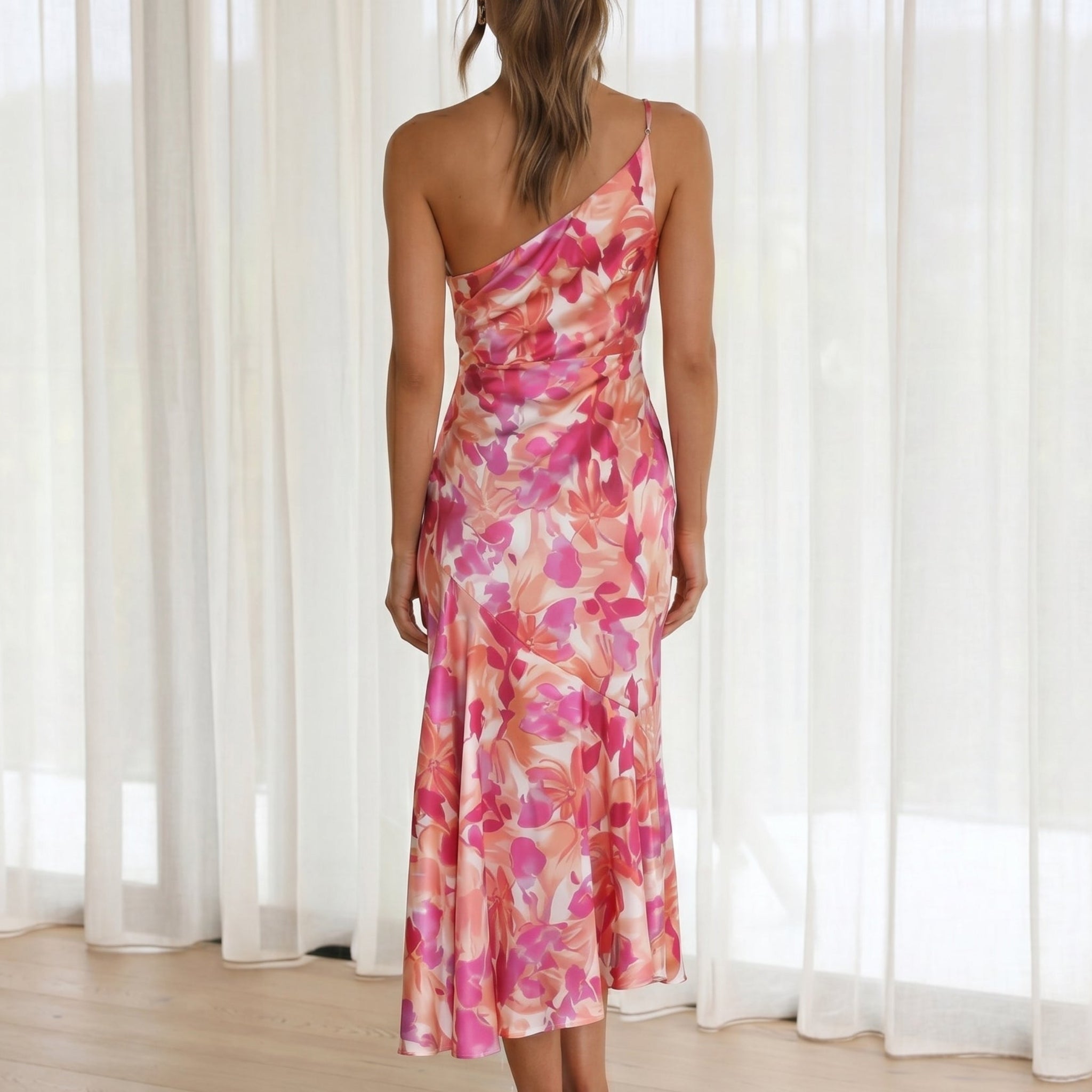Grace - Women's Floral One-Shoulder Wedding Guest Midi Dress