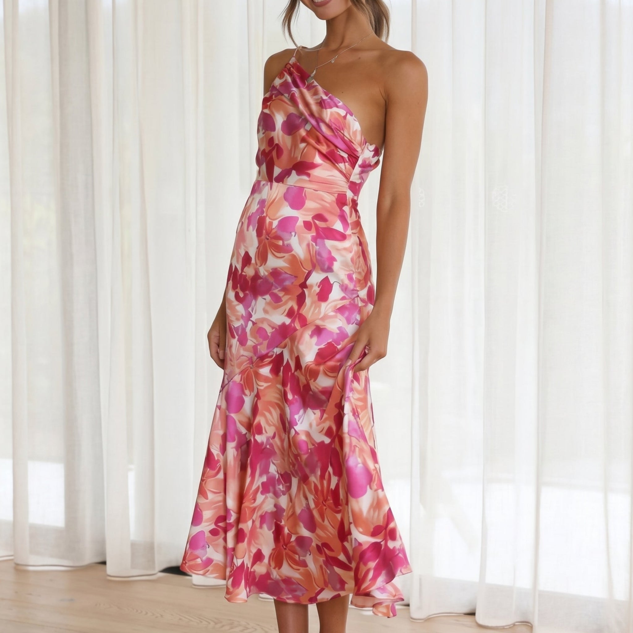 Grace - Women's Floral One-Shoulder Wedding Guest Midi Dress