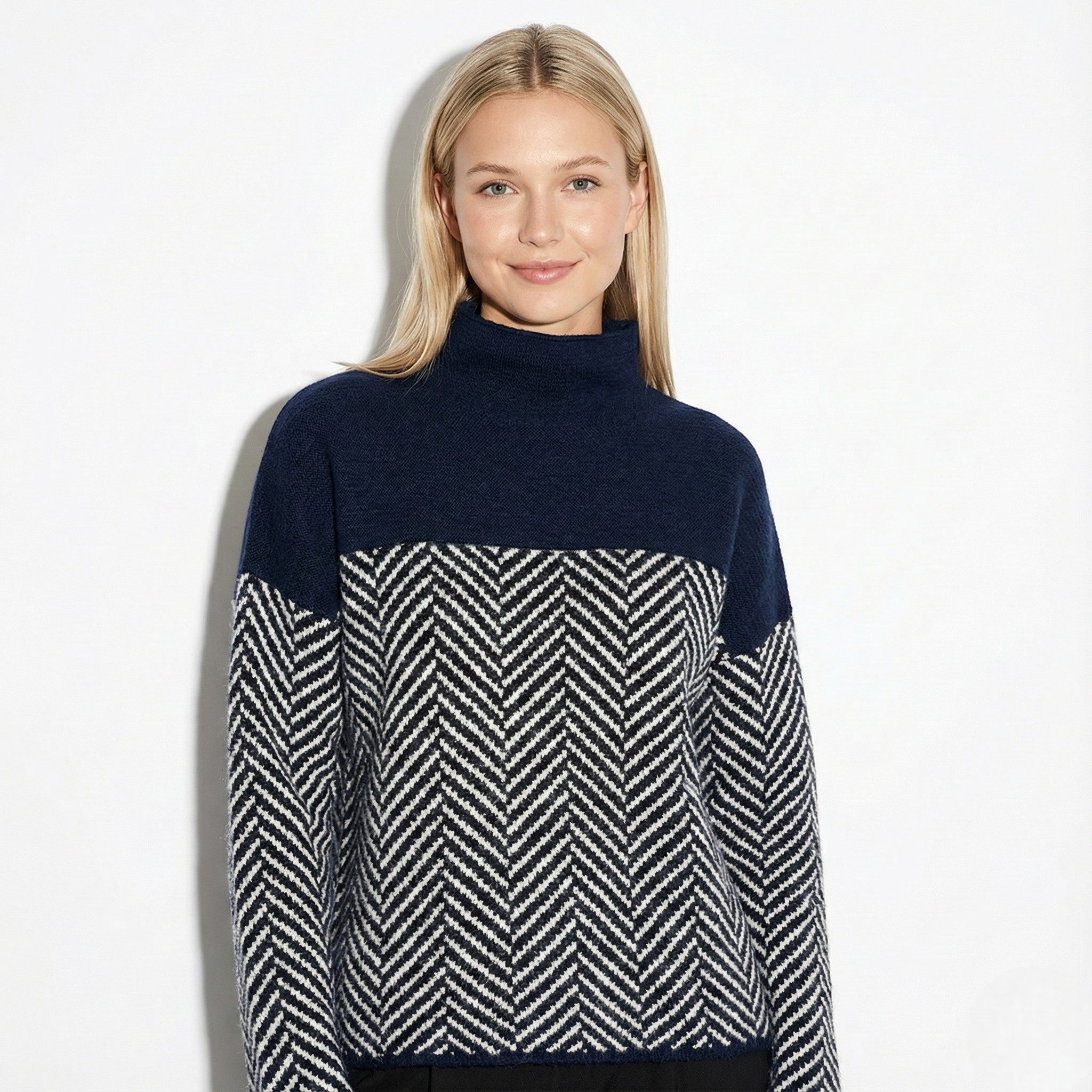 Women's Turtle-Neck Sweater with Chevron Knit