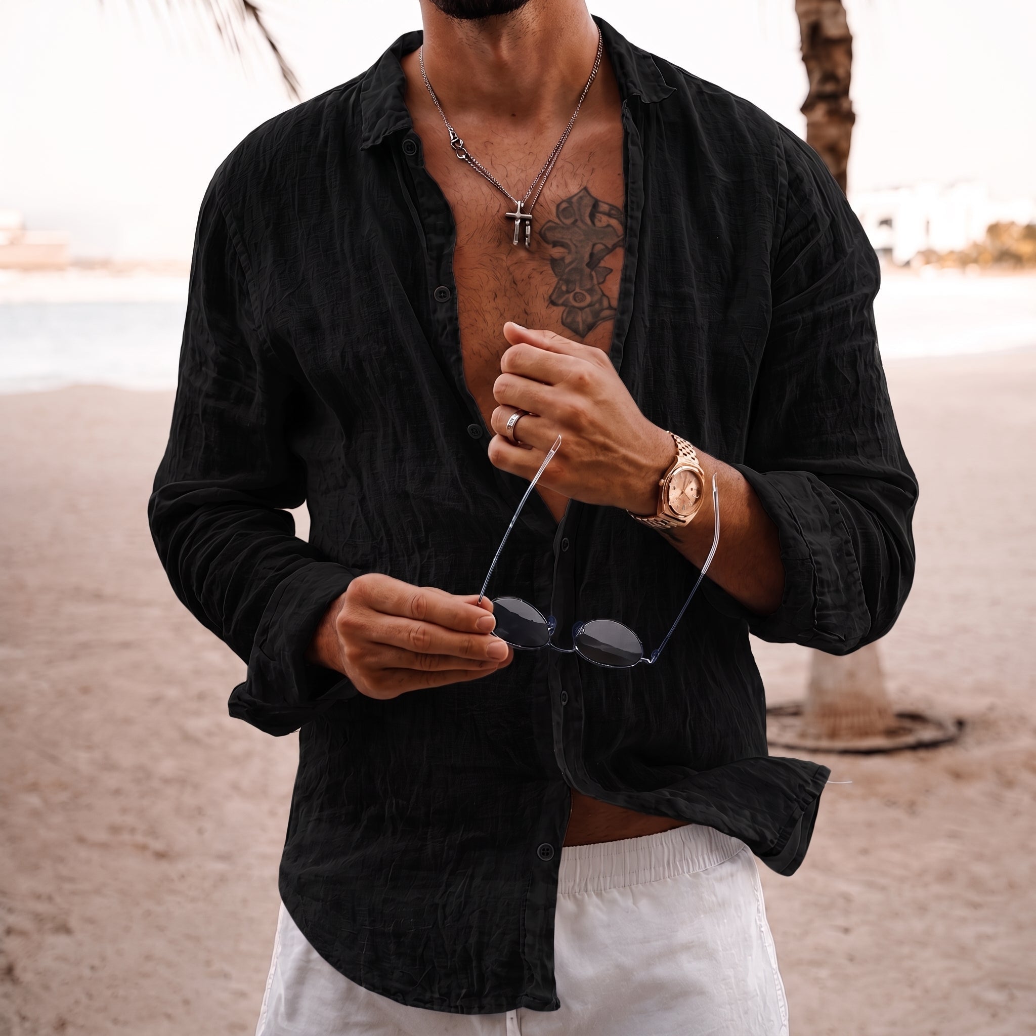 Hans – Men's Summer Loose Fit Long Sleeve Shirt - Shirts - Black - Parker&Brooks
