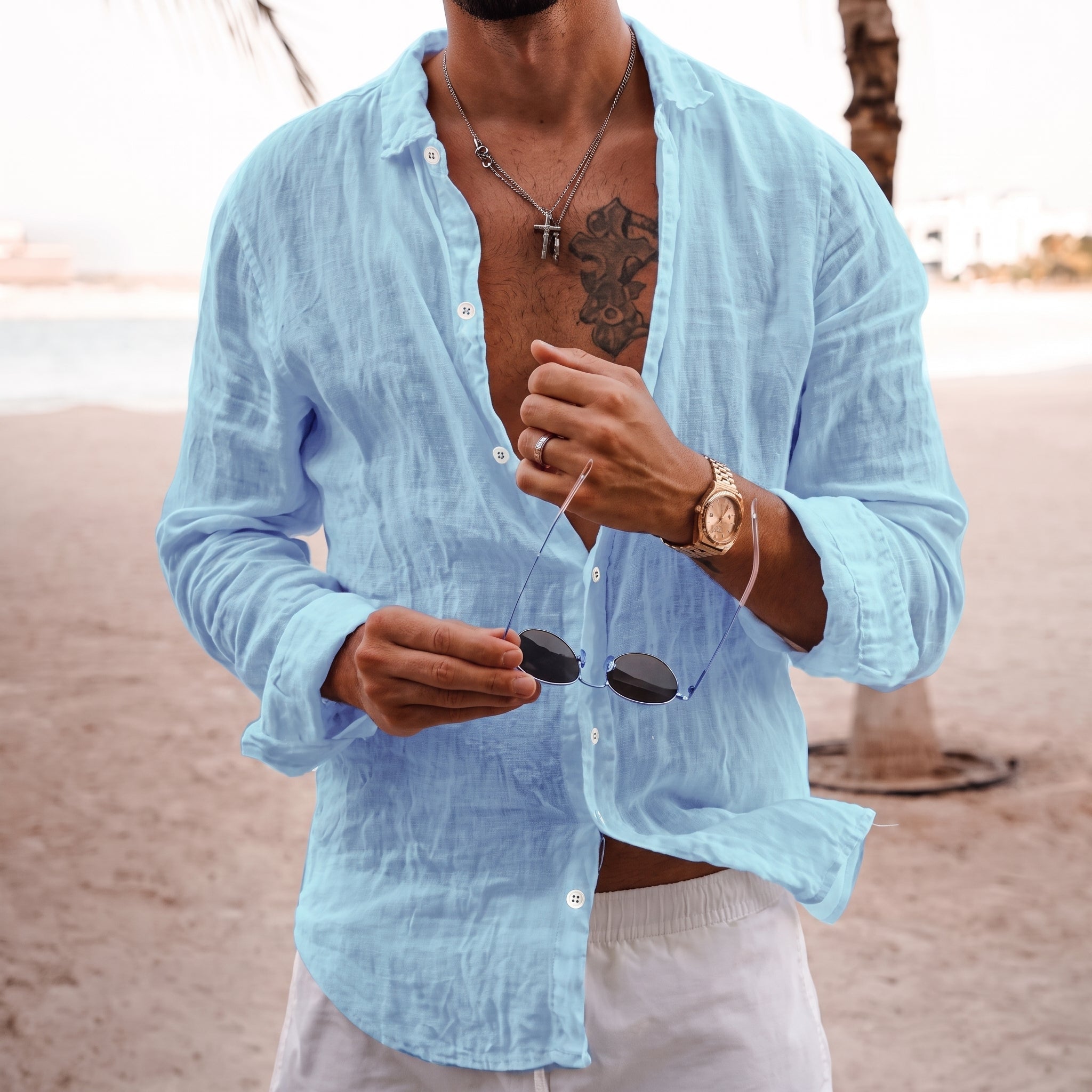Hans – Men's Summer Loose Fit Long Sleeve Shirt - Shirts - Blue - Parker&Brooks
