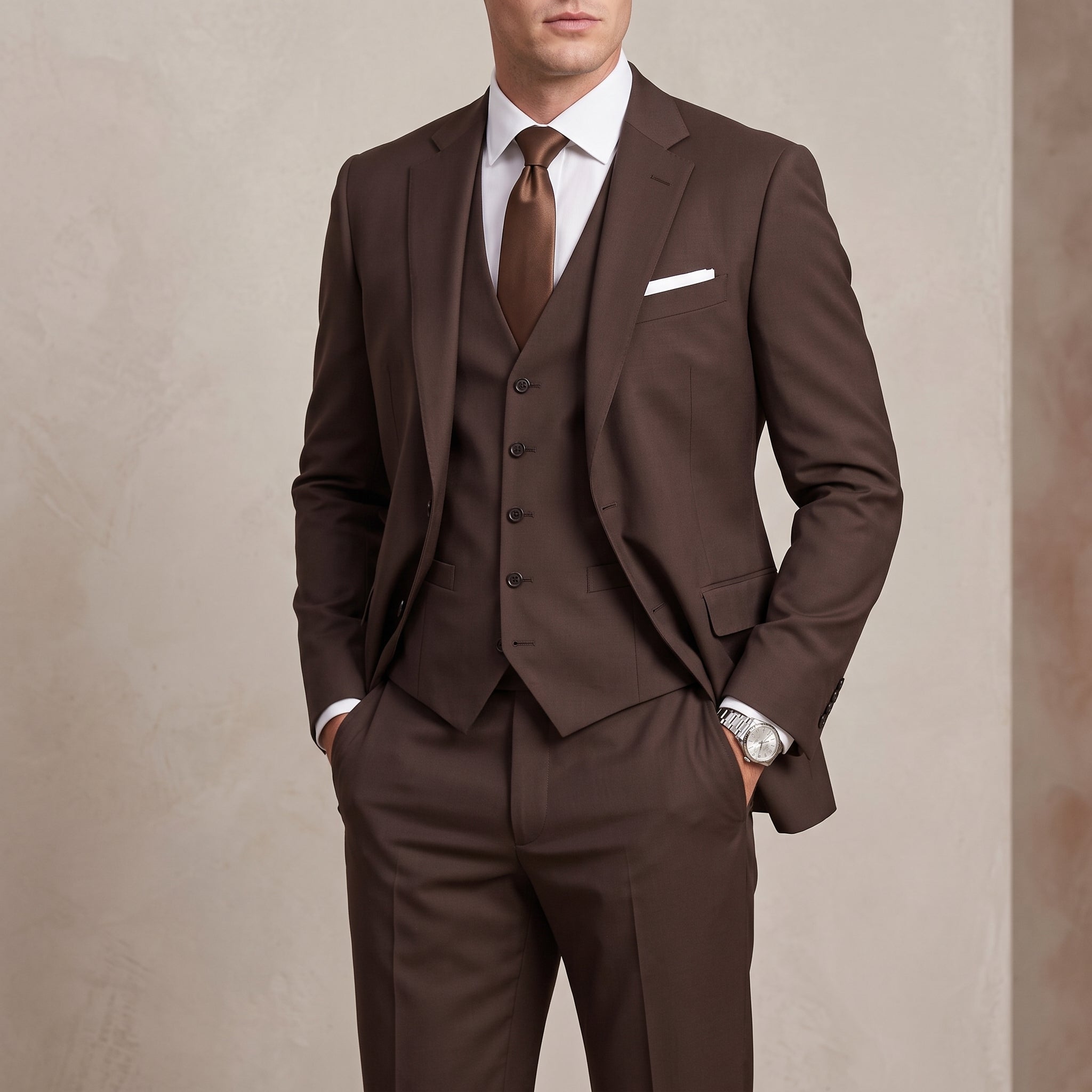 Hansel – Men's Slim Fit Notch Lapel Three-Piece Wedding Suit - Suits - Brown - Parker&Brooks