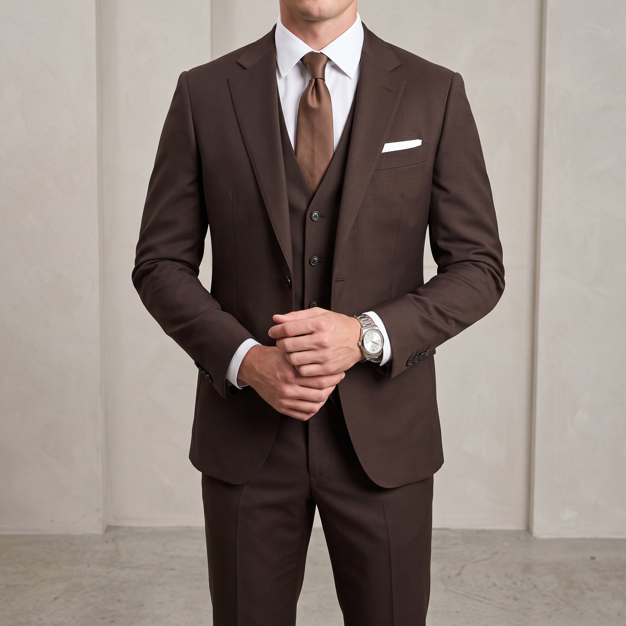 Hansel – Men's Slim Fit Notch Lapel Three-Piece Wedding Suit - Suits - Brown - Parker&Brooks