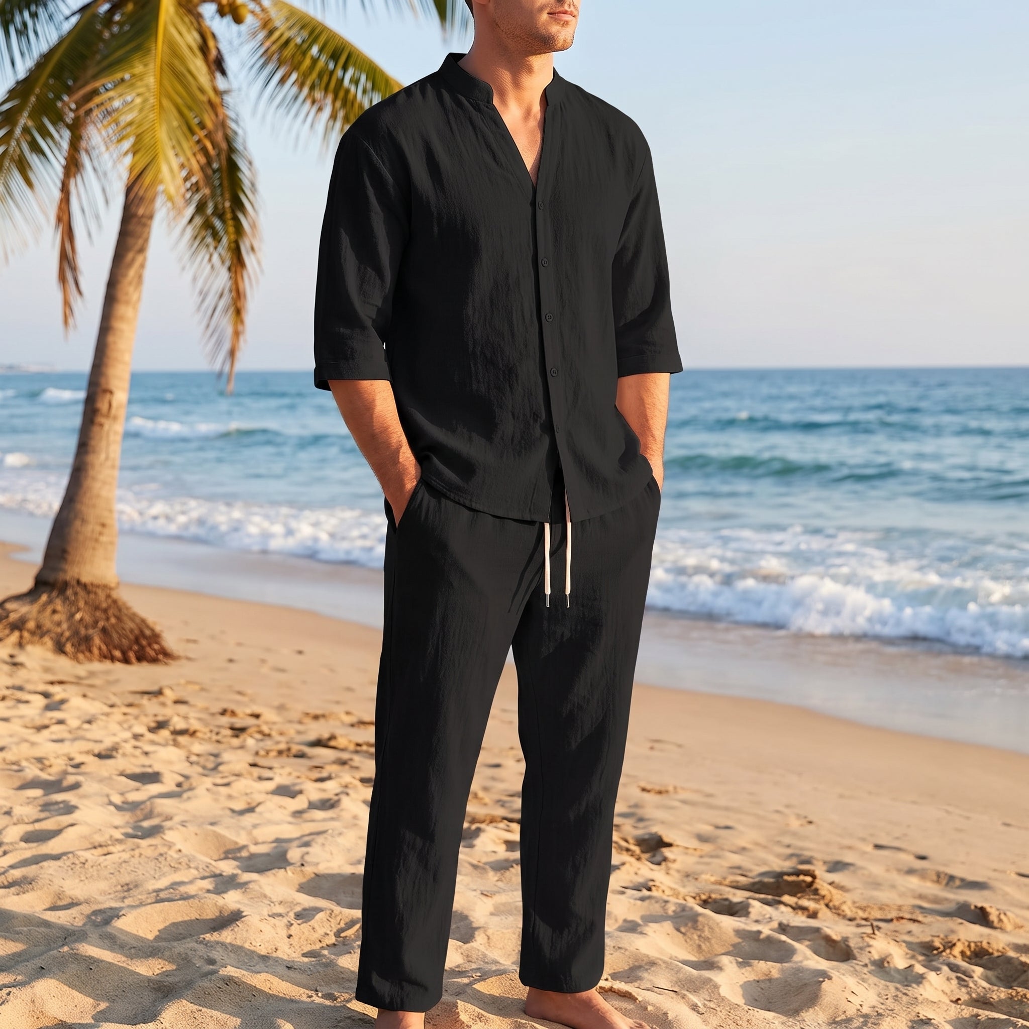 Heinrich – Men's Mandarin Collar Wide-Leg Drawstring Co-ord Set - Outfit Sets - Black - Parker&Brooks