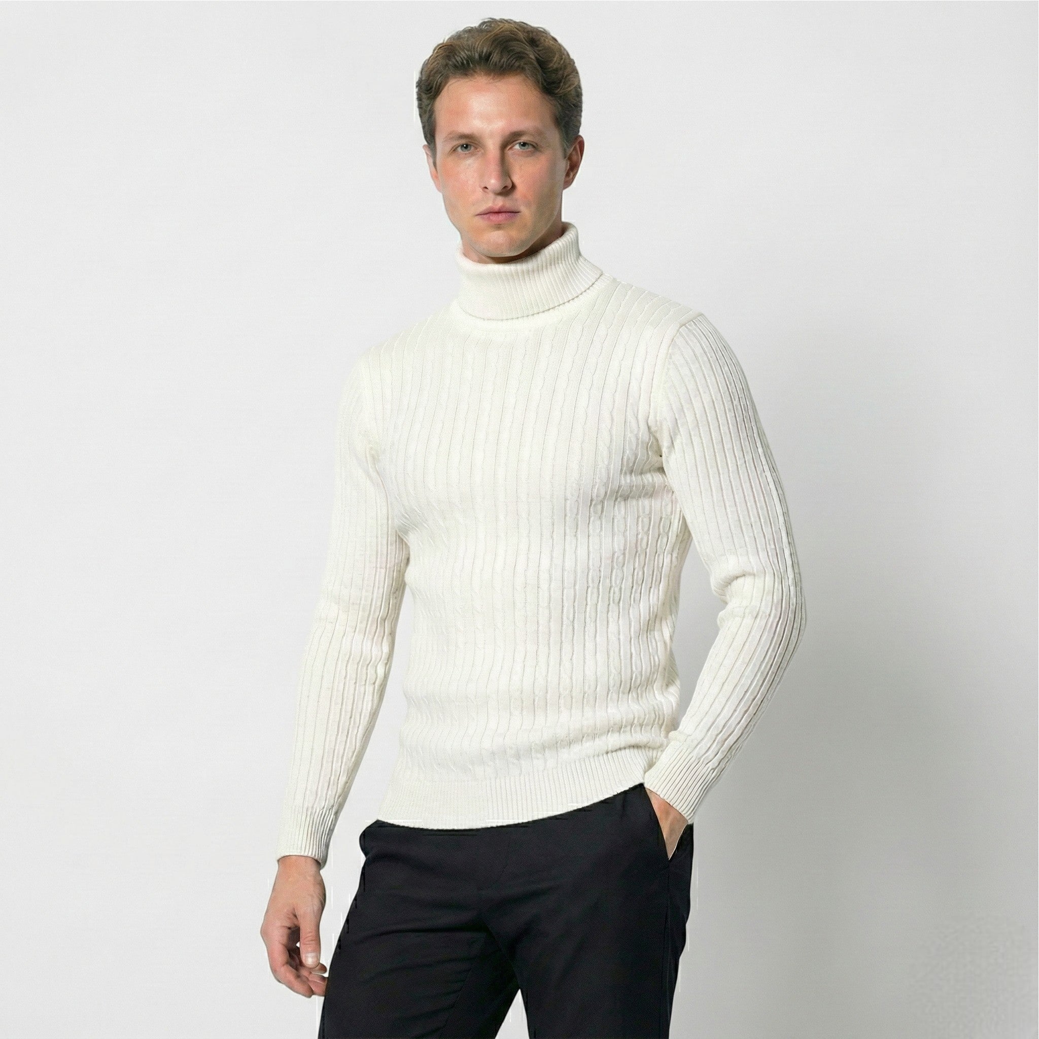 Men's Cable Knit Turtleneck Sweater Made of Wool