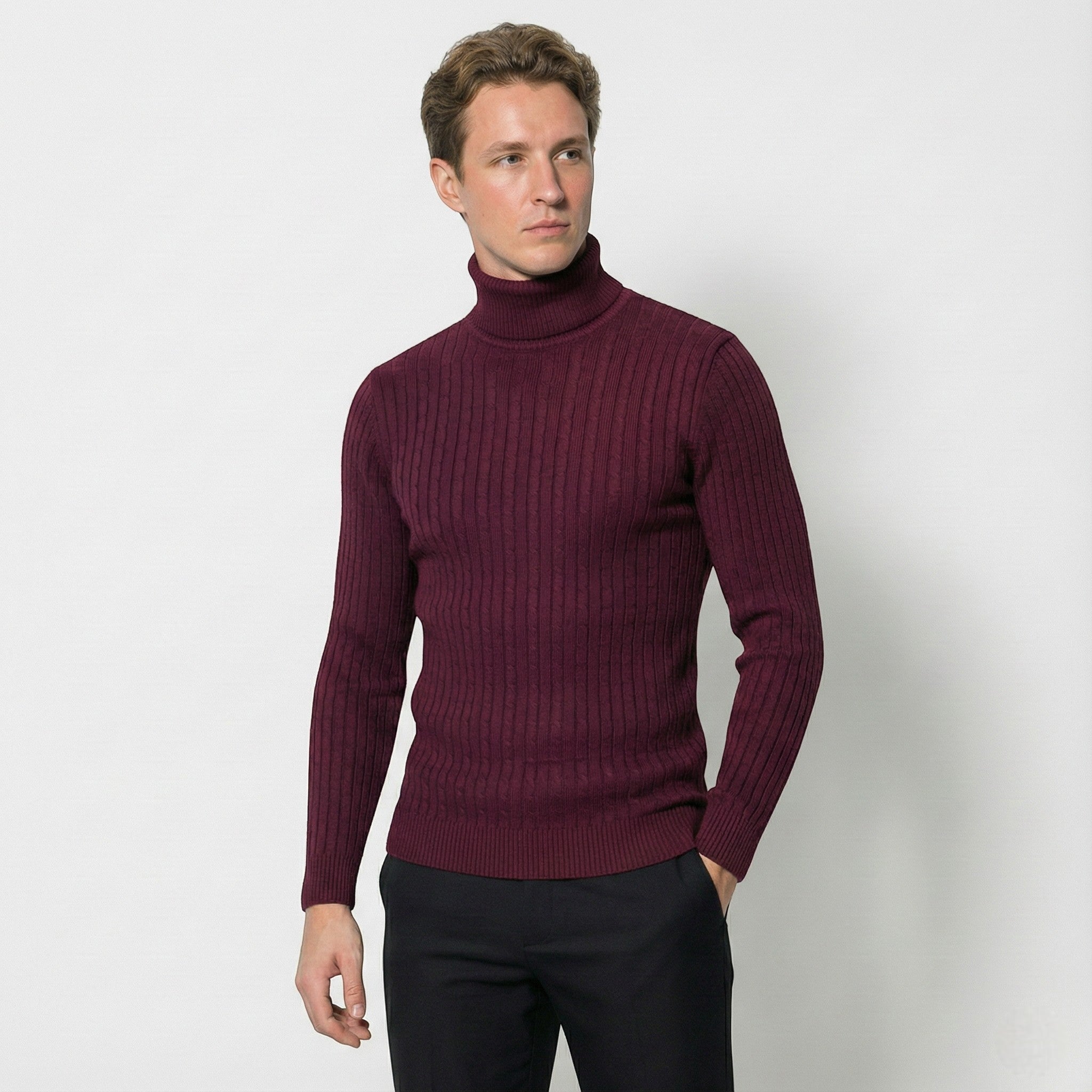 Men's Cable Knit Turtleneck Sweater Made of Wool