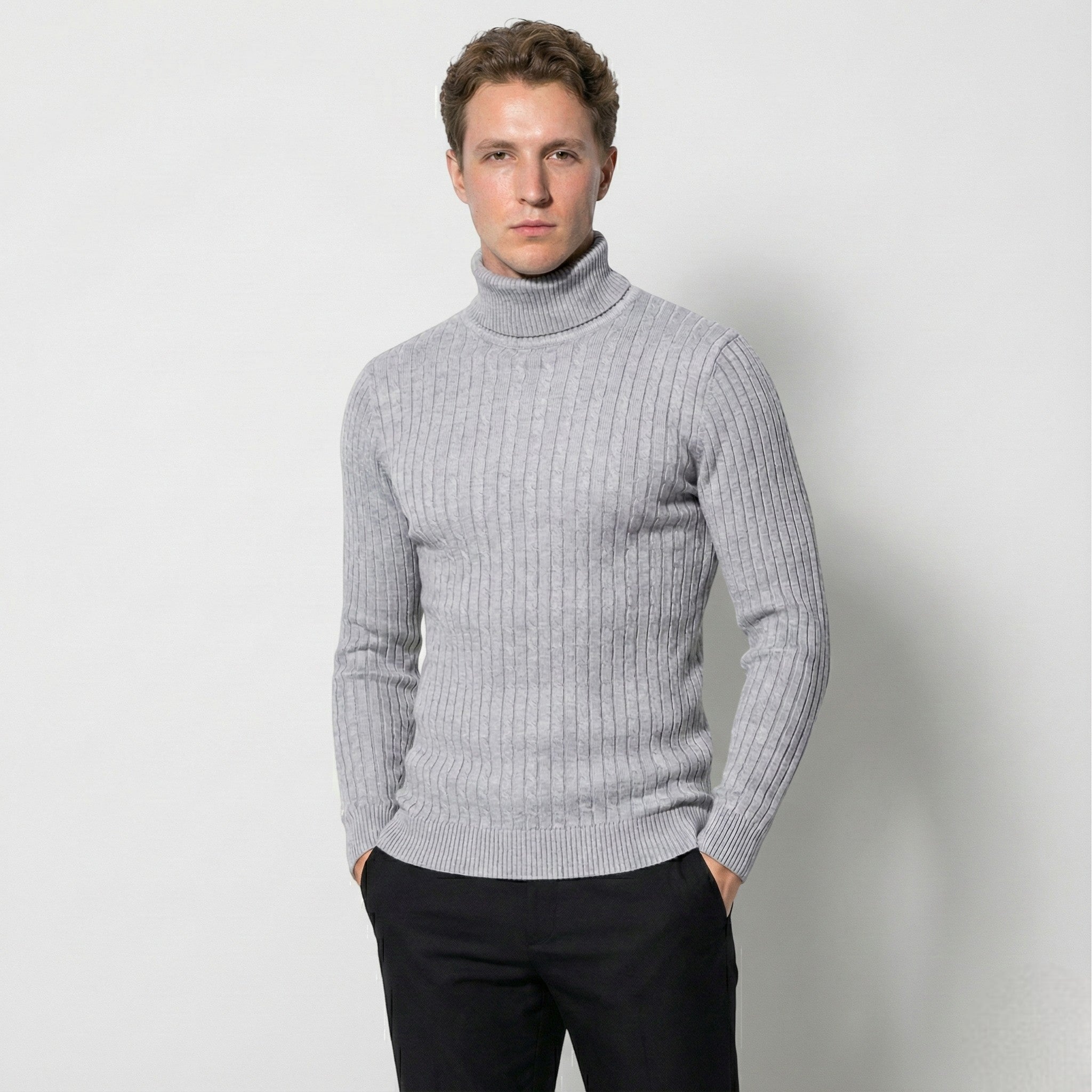 Men's Cable Knit Turtleneck Sweater Made of Wool