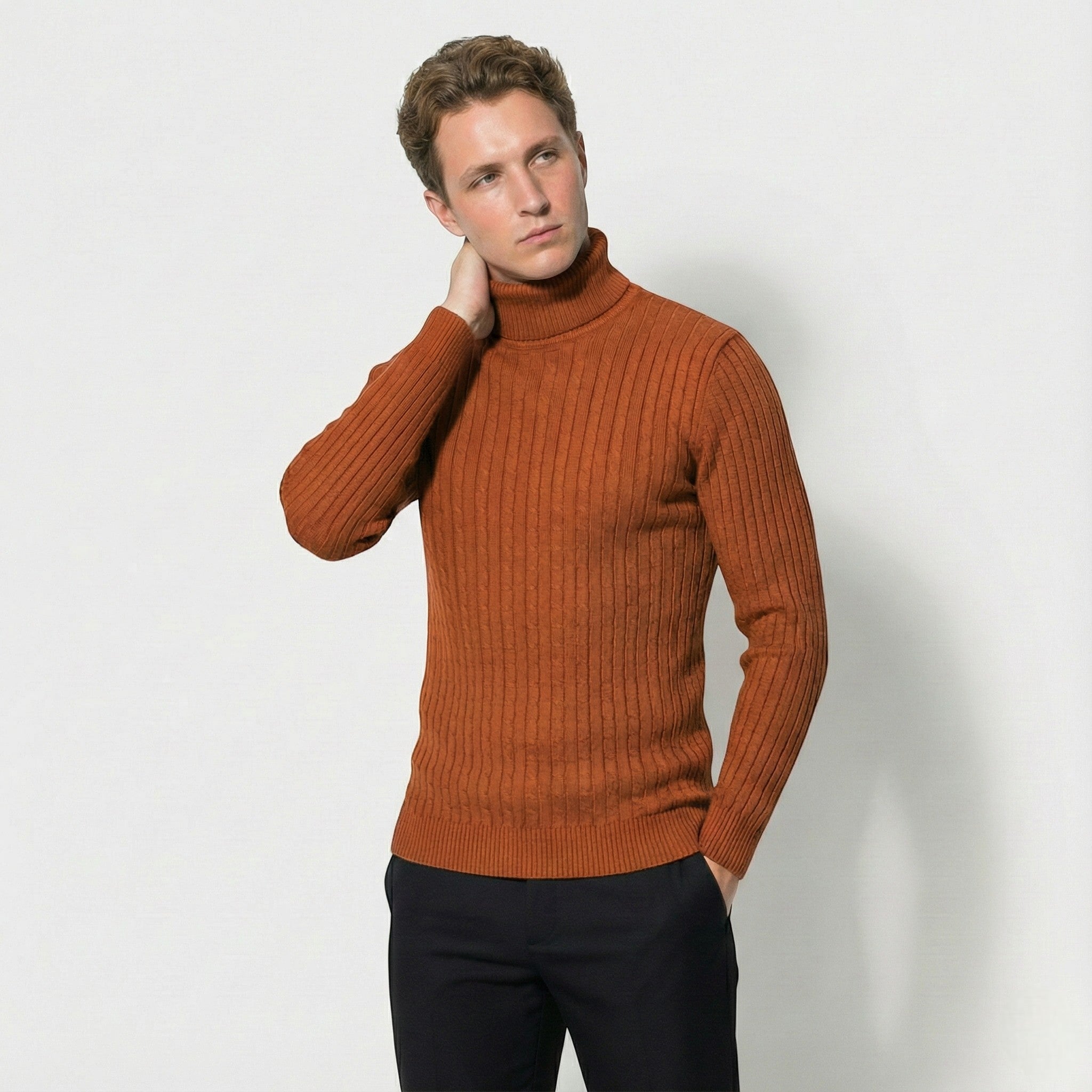Men's Cable Knit Turtleneck Sweater Made of Wool