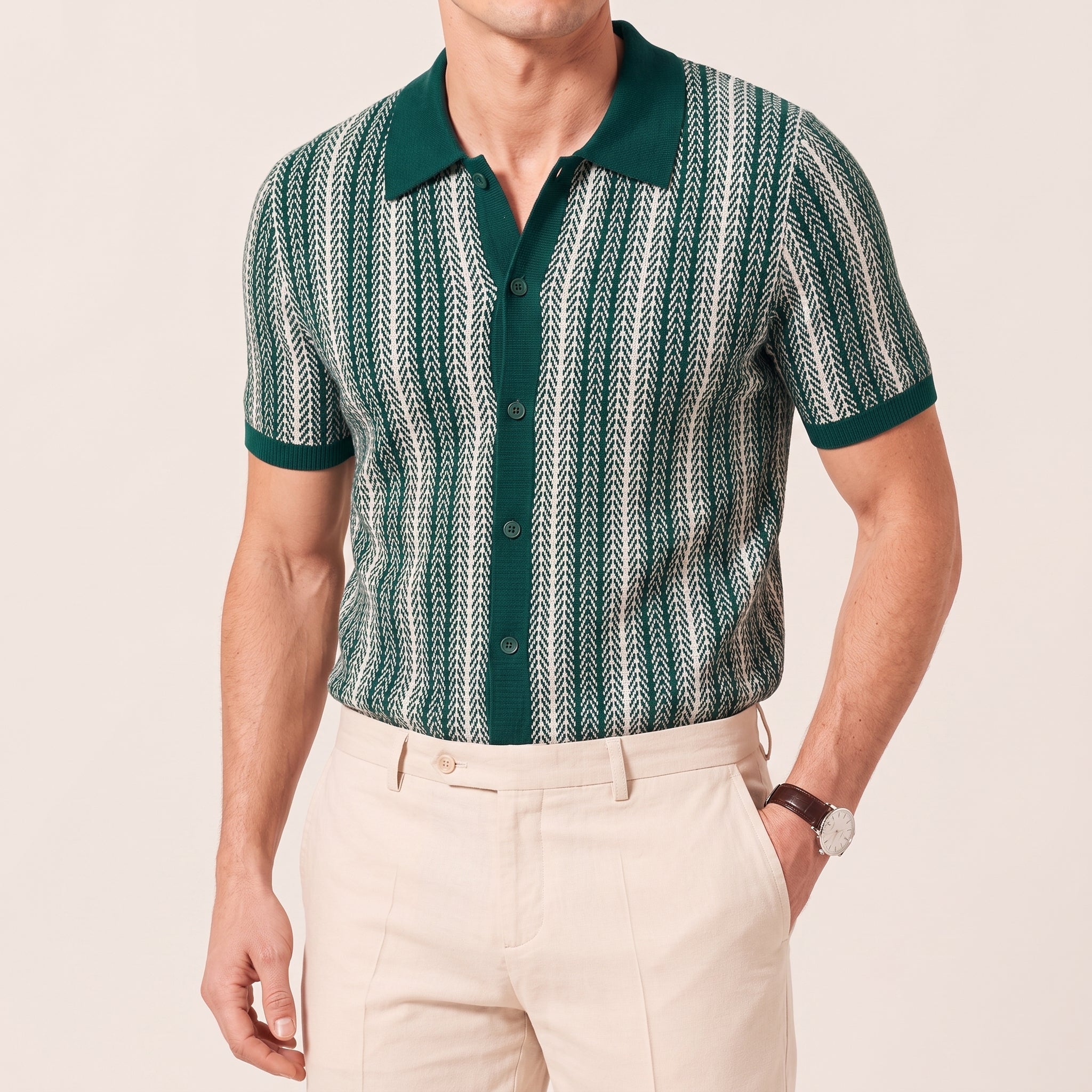 Henry - Men's Summer Vertical Stripe Button-Down Polo Shirt - Polos - Green - Parker&Brooks