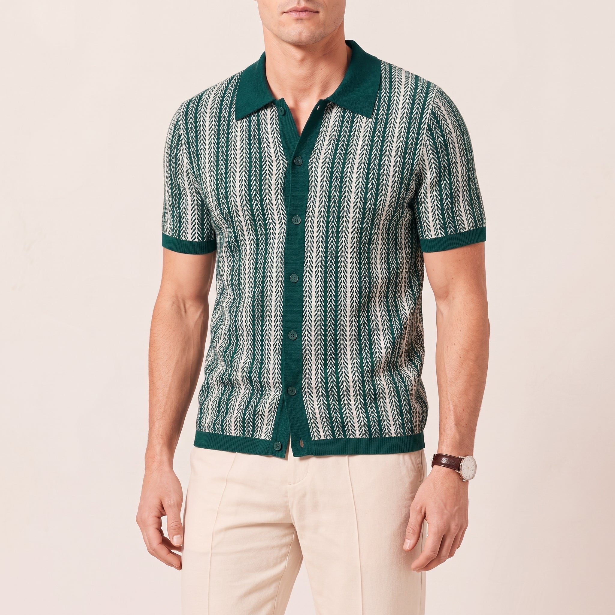 Henry - Men's Summer Vertical Stripe Button-Down Polo Shirt - Polos - Green - Parker&Brooks