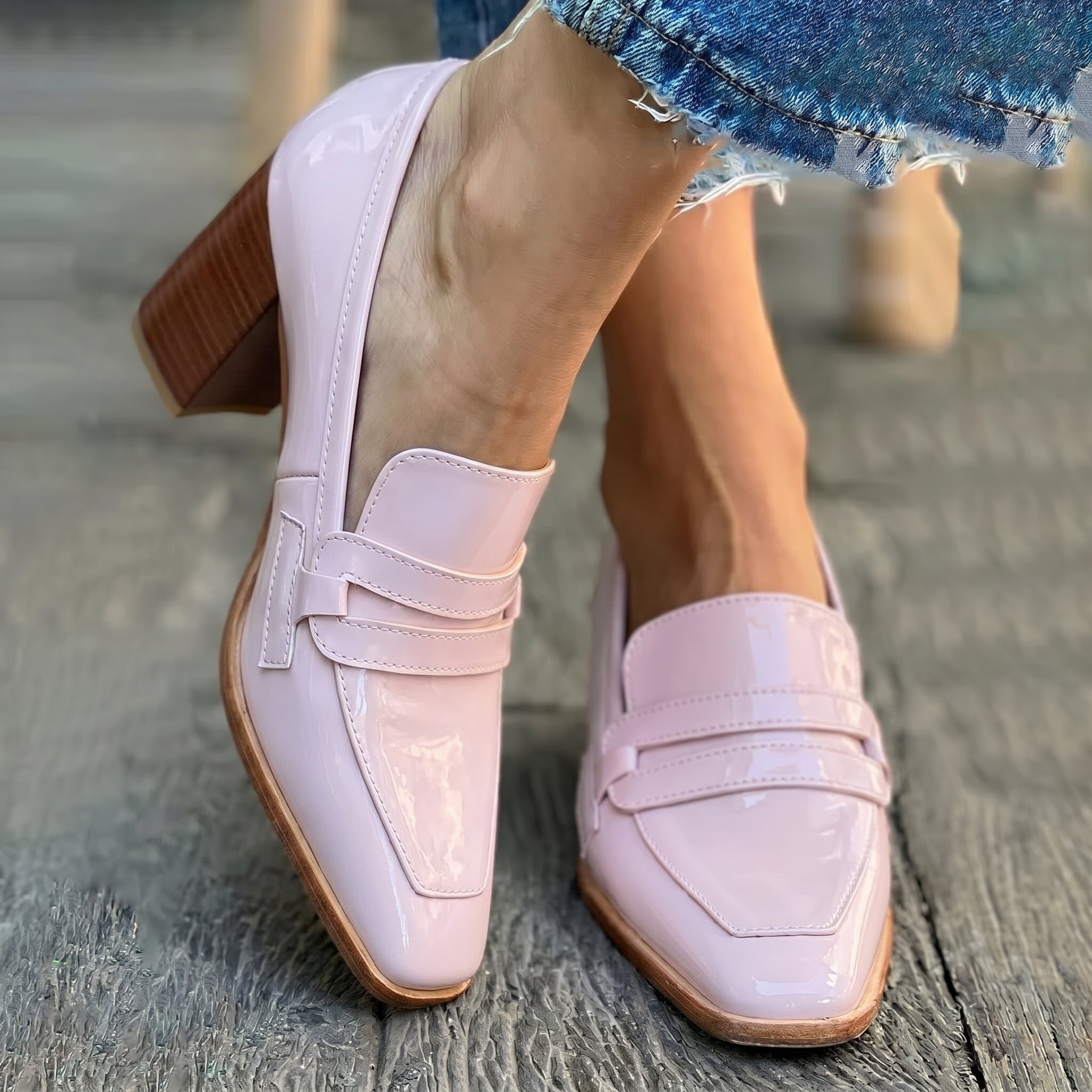 Isabell - Women's Slip - On Penny Loafers with Block Heel - Loafers - Pink - Parker&Brooks