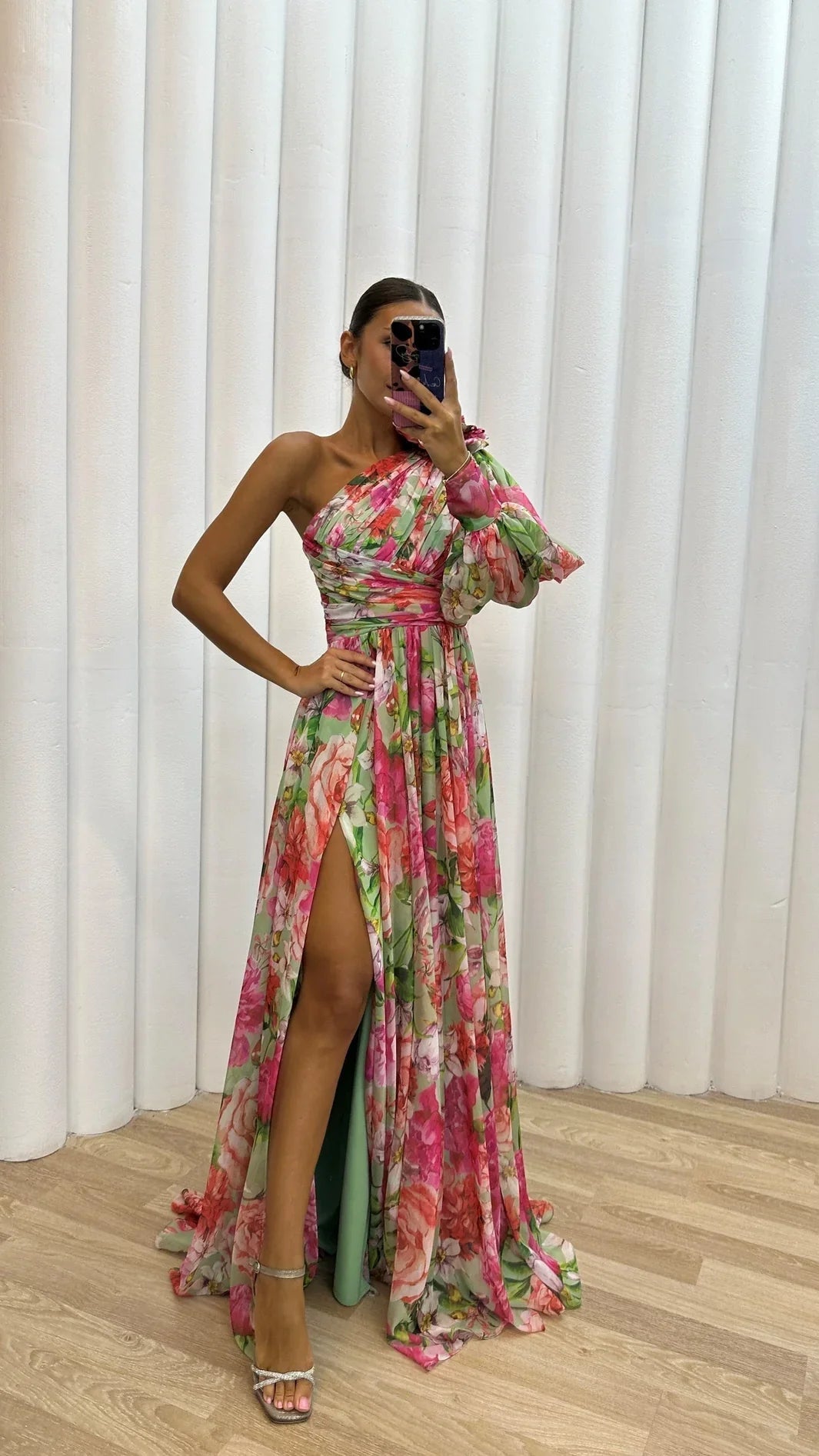 Isabella - Women's One Shoulder Floral Maxi Dress with Balloon Sleeve - Dresses - Pink - Parker&Brooks