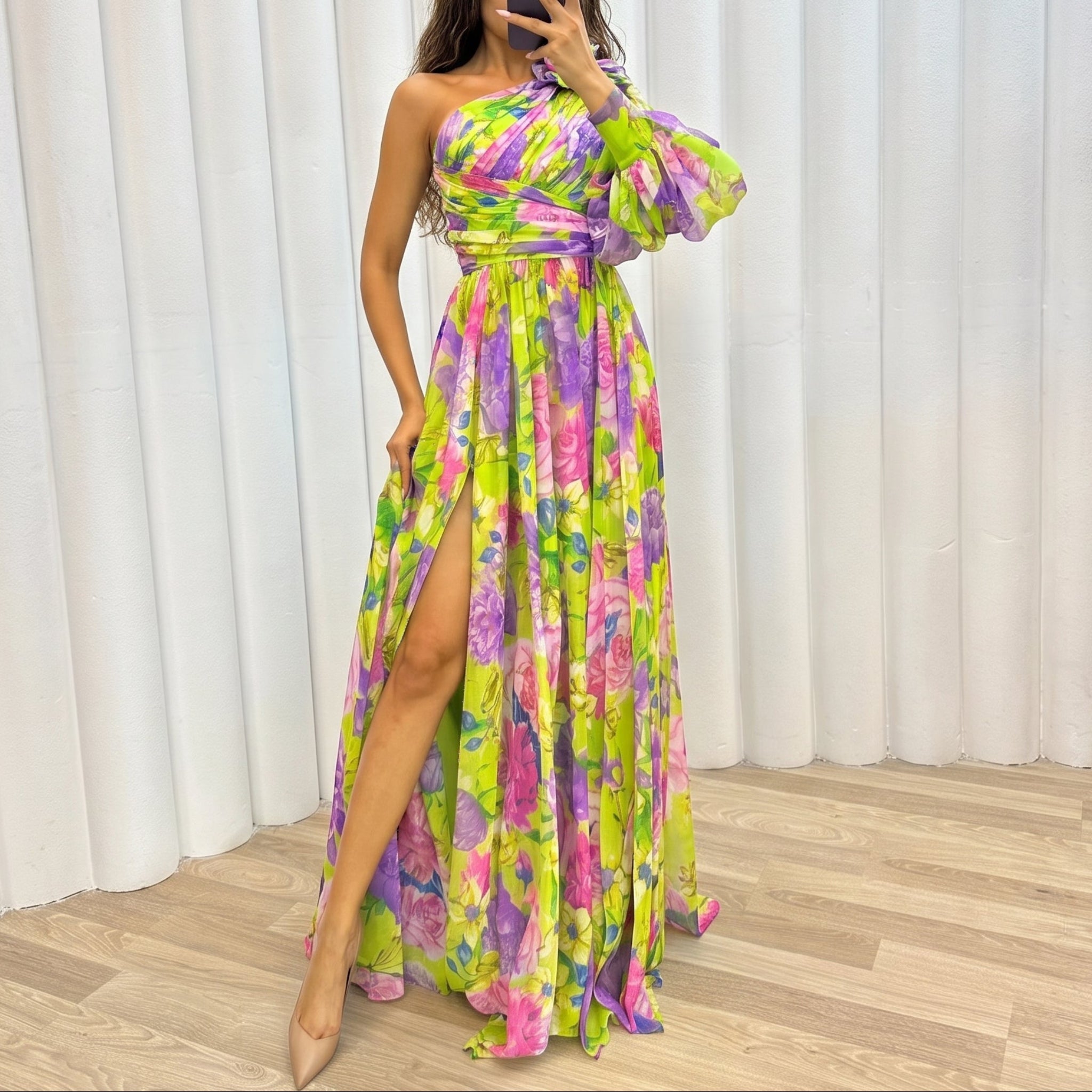 Isabella - Women's One Shoulder Floral Maxi Dress with Balloon Sleeve - Dresses - Yellow - Parker&Brooks