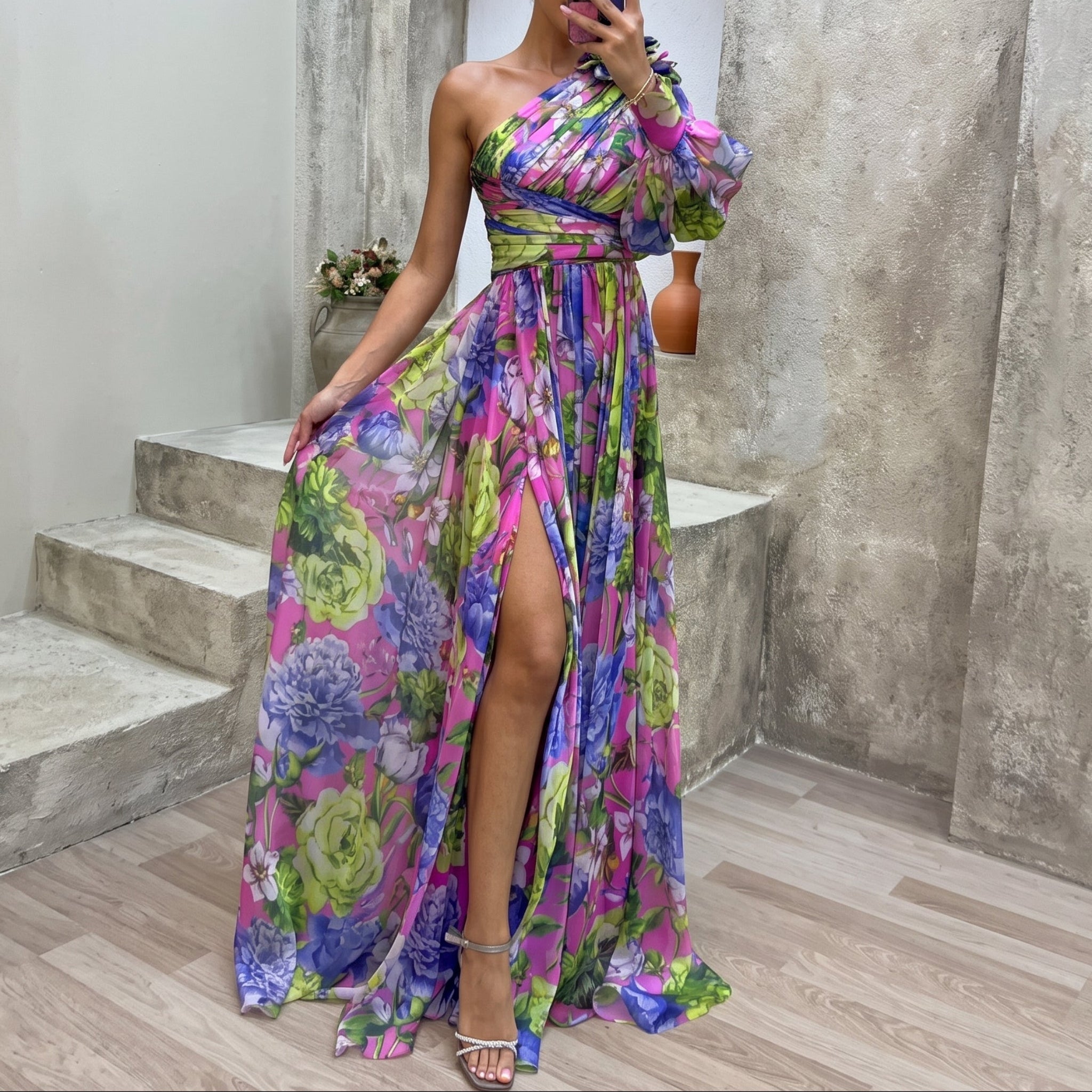 Isabella - Women's One Shoulder Floral Maxi Dress with Balloon Sleeve - Dresses - Purple - Parker&Brooks