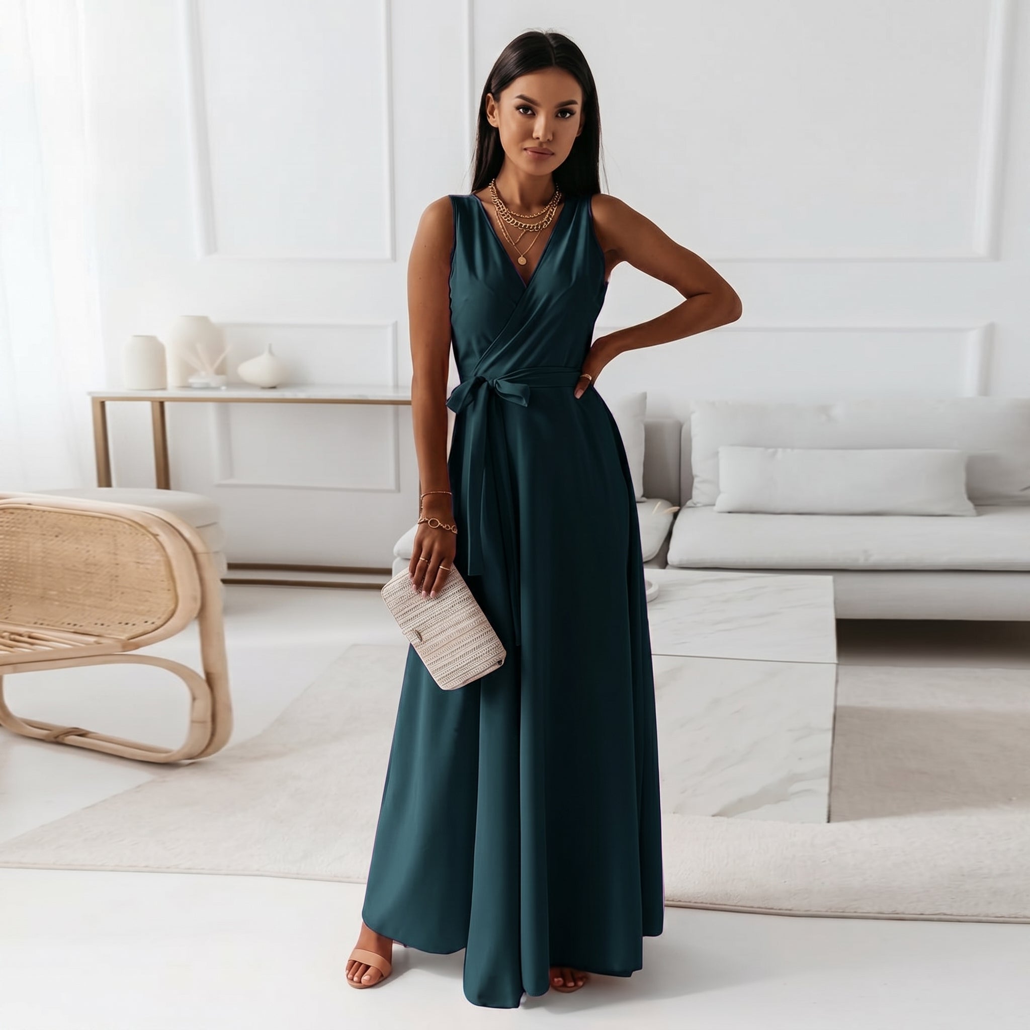 Isabella - Women's Summer Wrap V-Neck Maxi Dress - Maxi Dress - Dark Green - Parker&Brooks