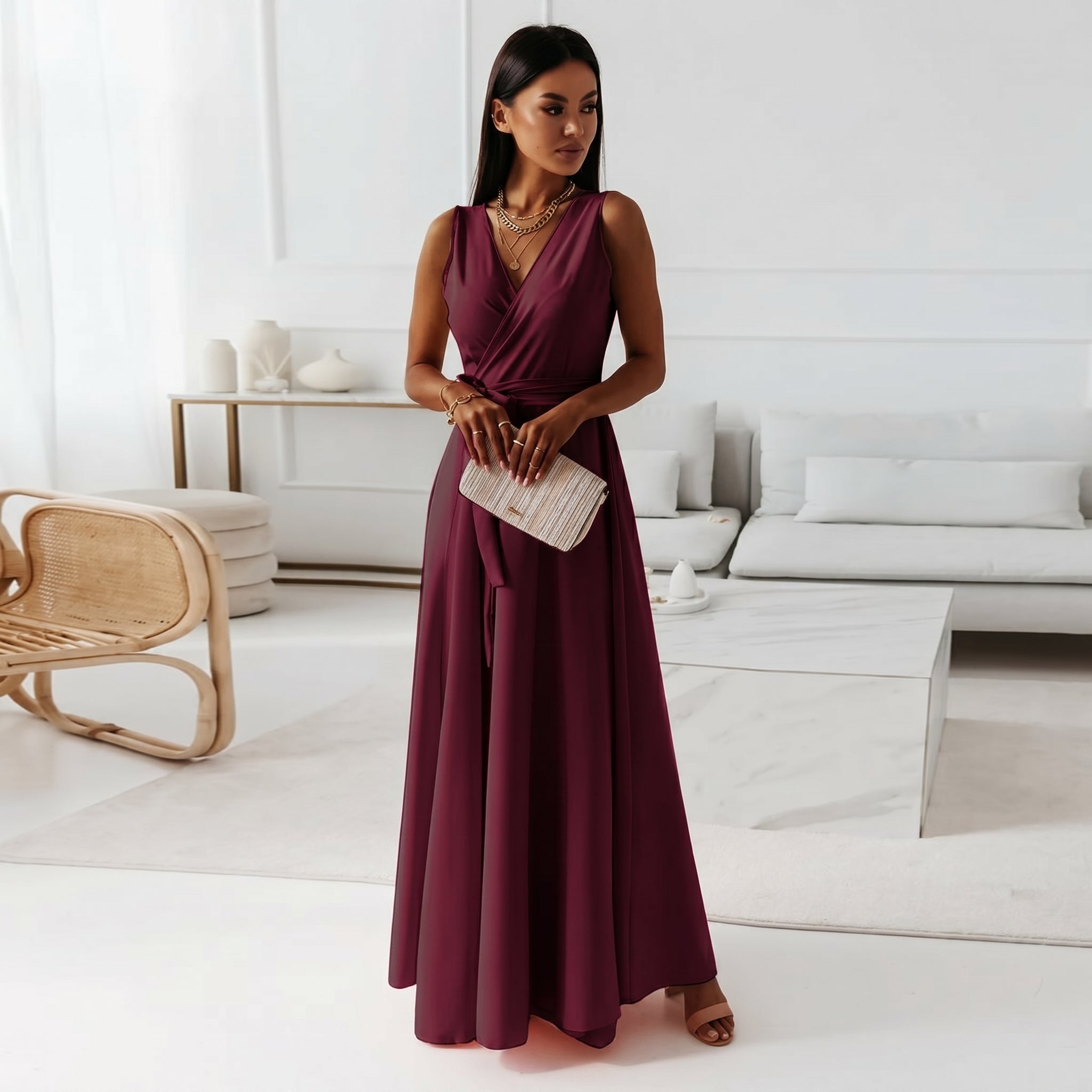 Isabella - Women's Summer Wrap V-Neck Maxi Dress - Maxi Dress - Burgundy - Parker&Brooks