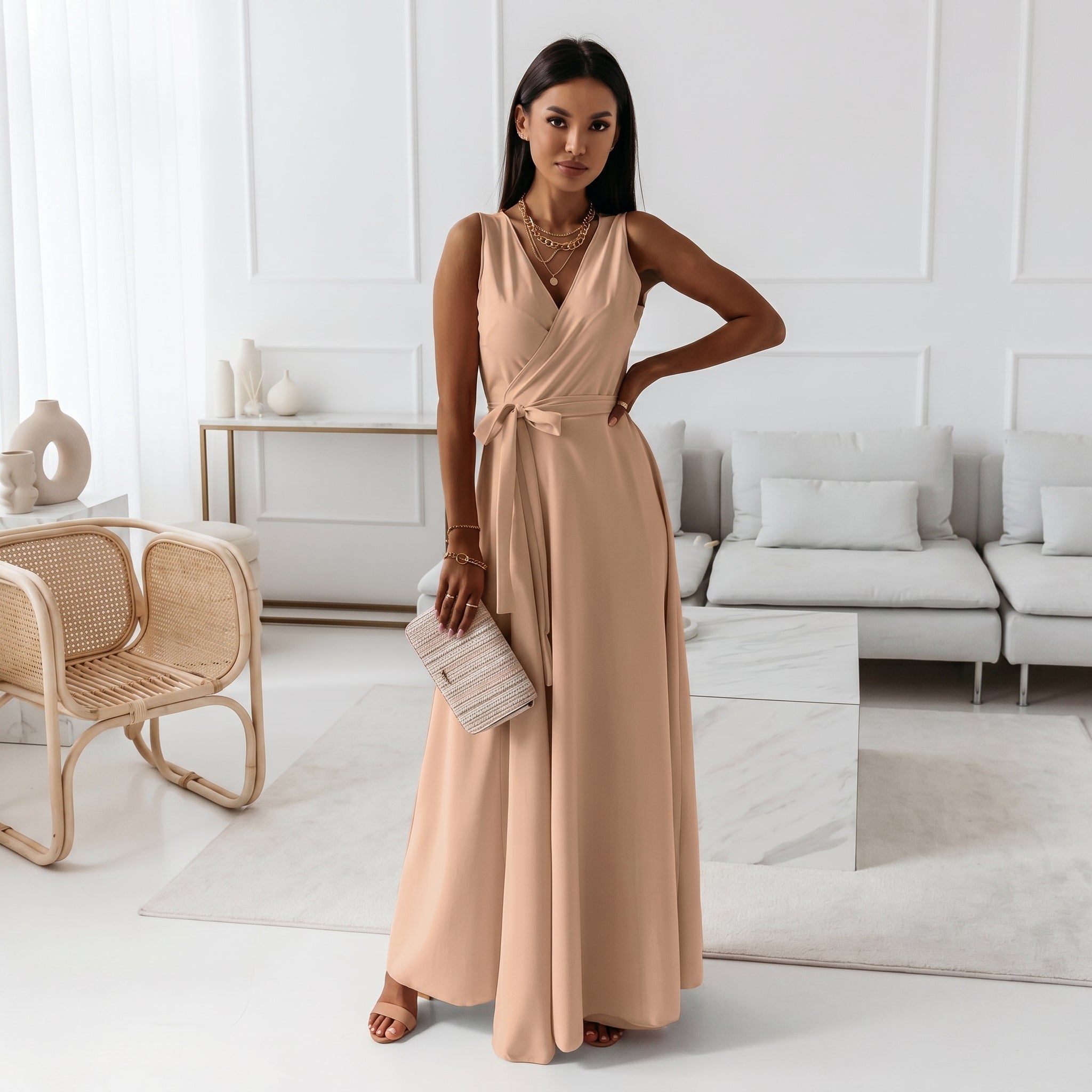 Isabella - Women's Summer Wrap V-Neck Maxi Dress - Maxi Dress - Khaki - Parker&Brooks