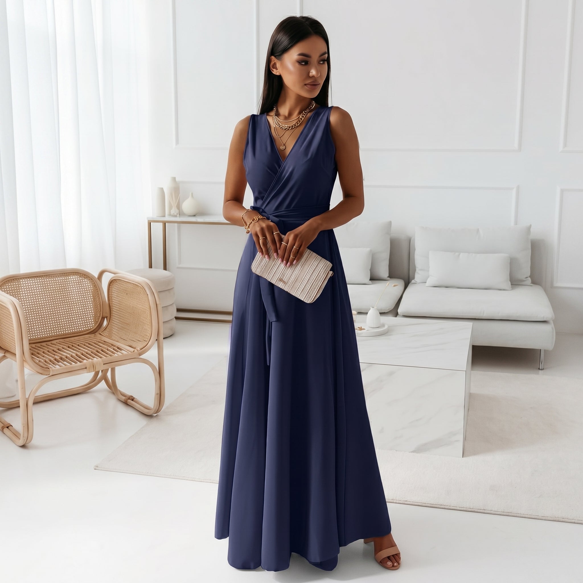Isabella - Women's Summer Wrap V-Neck Maxi Dress - Maxi Dress - Navy Blue - Parker&Brooks