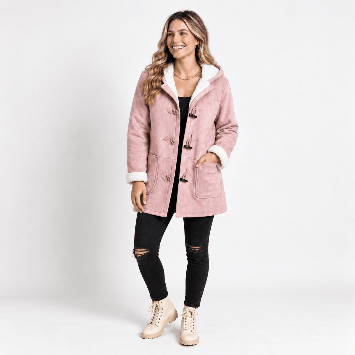 Isla - Women's Hooded Duffle Coat with Toggle Closures and Contrast Lining - Overcoats - Pink - Parker&Brooks
