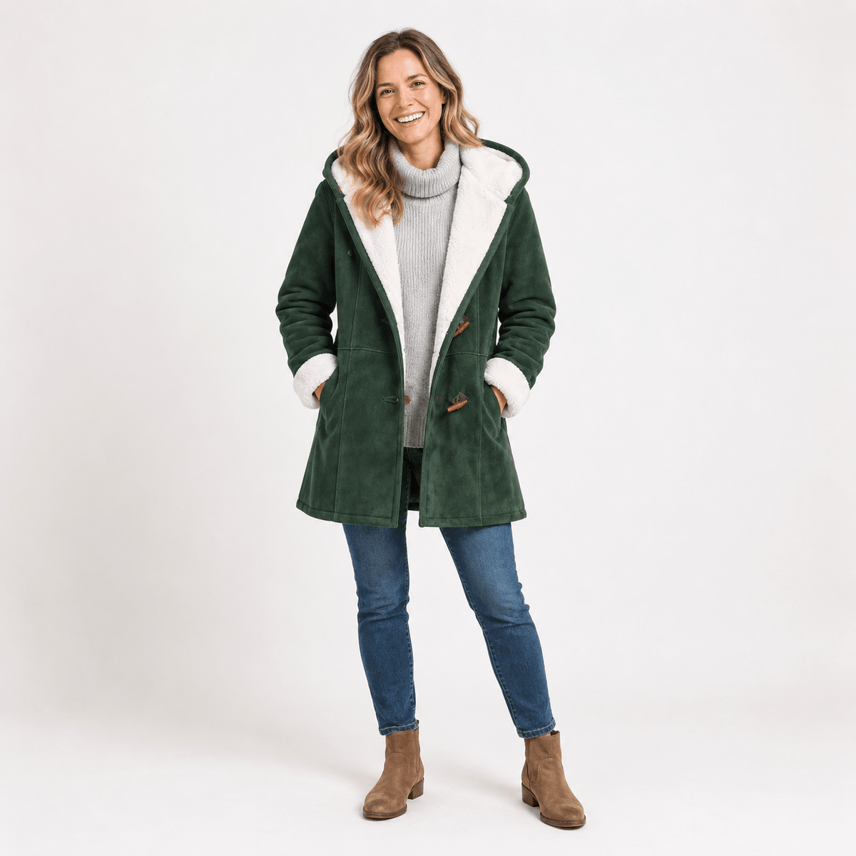 Isla - Women's Hooded Duffle Coat with Toggle Closures and Contrast Lining - Overcoats - Green - Parker&Brooks