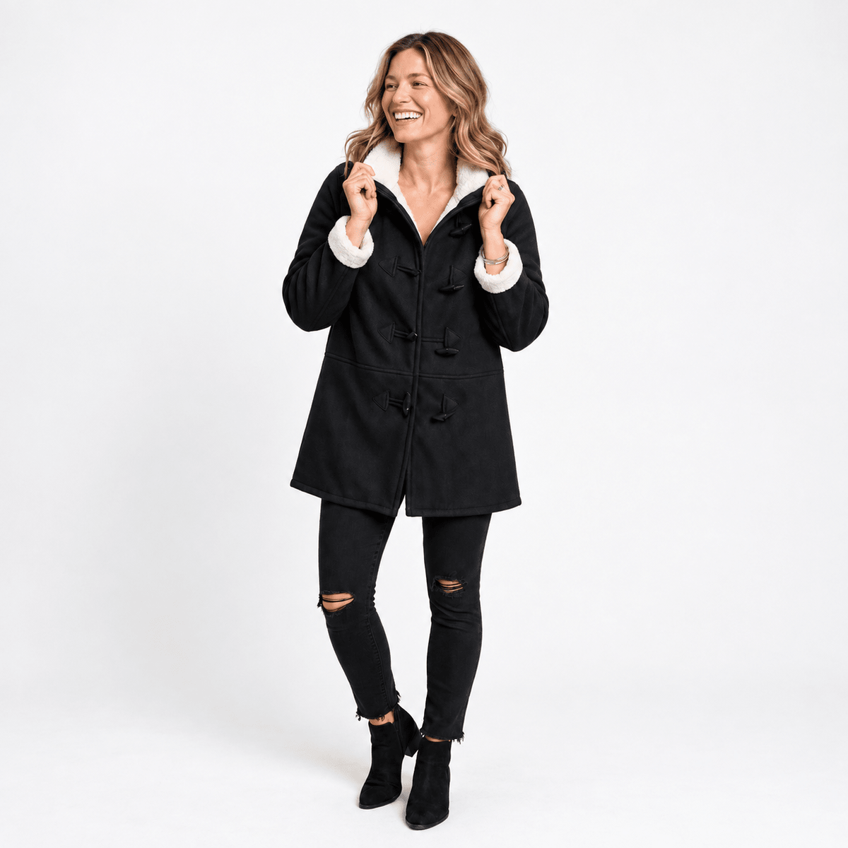 Isla - Women's Hooded Duffle Coat with Toggle Closures and Contrast Lining - Overcoats - Black - Parker&Brooks
