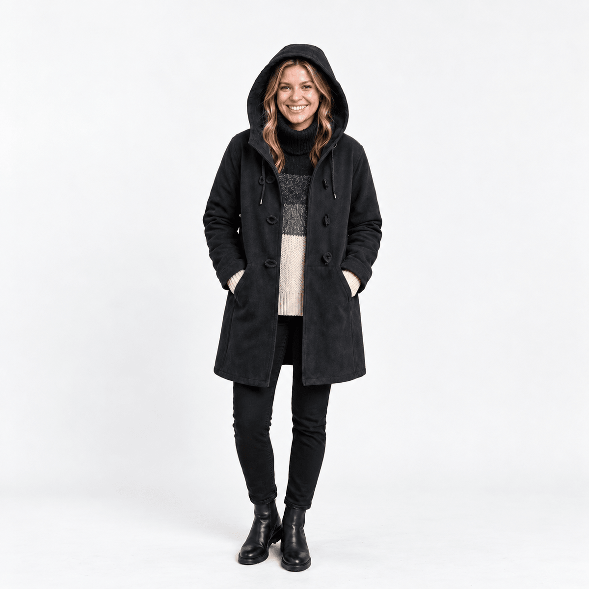 Isla - Women's Hooded Duffle Coat with Toggle Closures and Contrast Lining - Overcoats - Navy Blue - Parker&Brooks