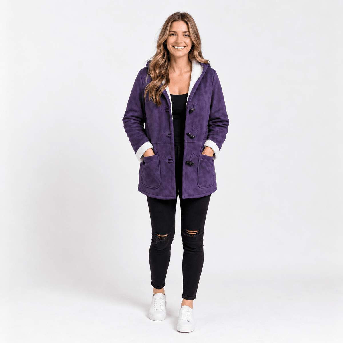 Isla - Women's Hooded Duffle Coat with Toggle Closures and Contrast Lining - Overcoats - Purple - Parker&Brooks