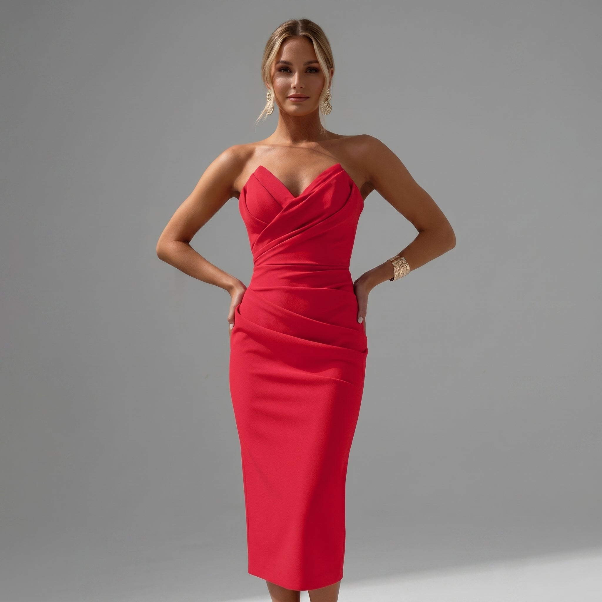 Isla - Women's Party Ruched Bodycon Midi Dress - Midi Dress - Red - Parker&Brooks