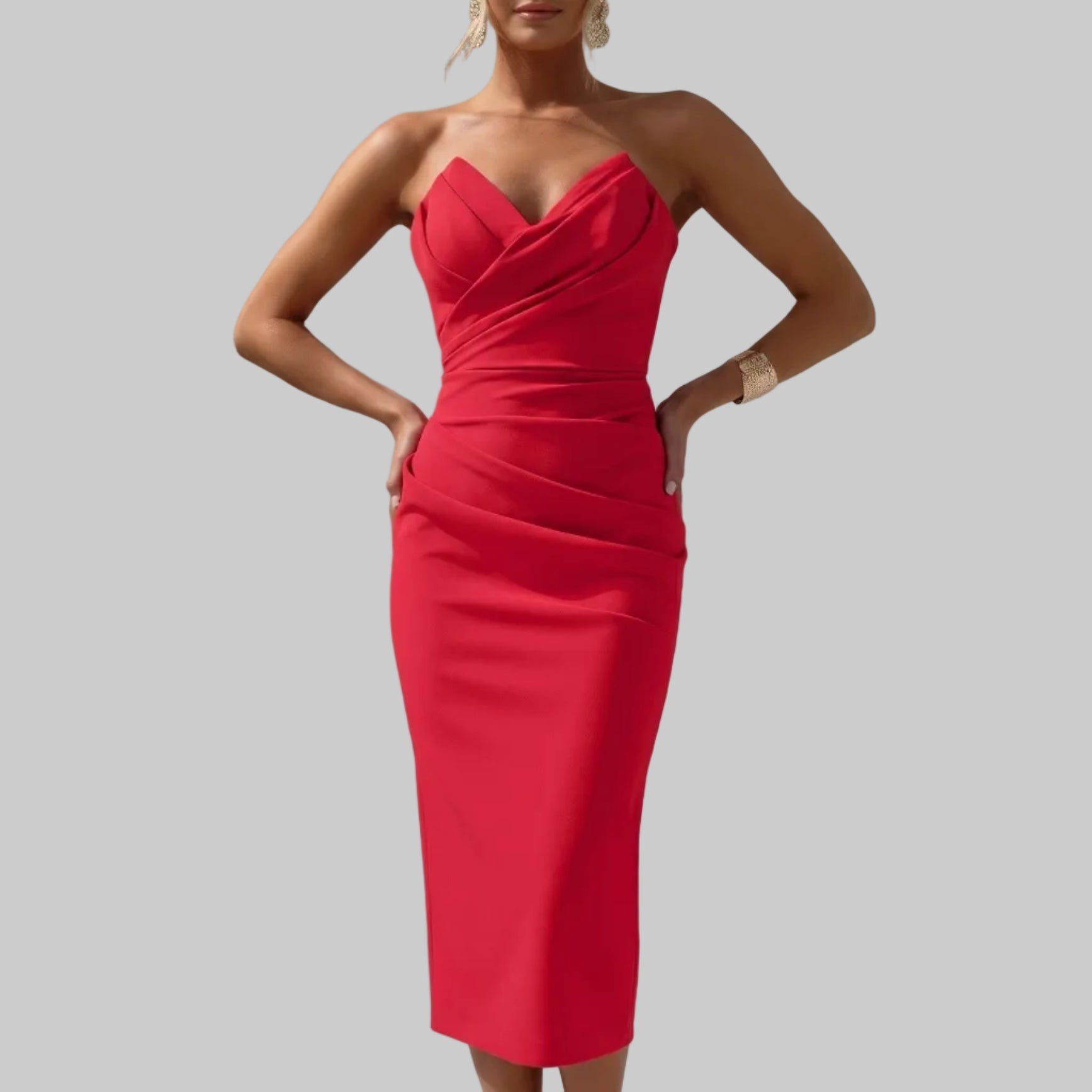 Isla - Women's Party Ruched Bodycon Midi Dress - Midi Dress - Red - Parker&Brooks