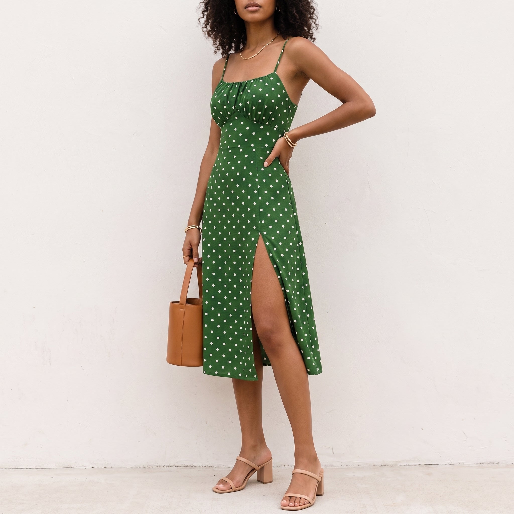 Isla - Women's Summer Polka Dot Spaghetti Strap Midi Dress - Dresses - Green - Parker&Brooks