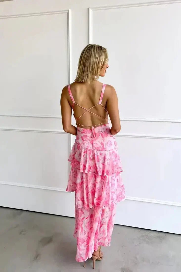 Ivy - Women's Floral Tiered Maxi Dress with V - Neckline - Dresses - Pink - Parker&Brooks