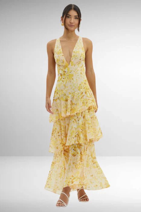 Ivy - Women's Floral Tiered Maxi Dress with V - Neckline - Dresses - Yellow - Parker&Brooks